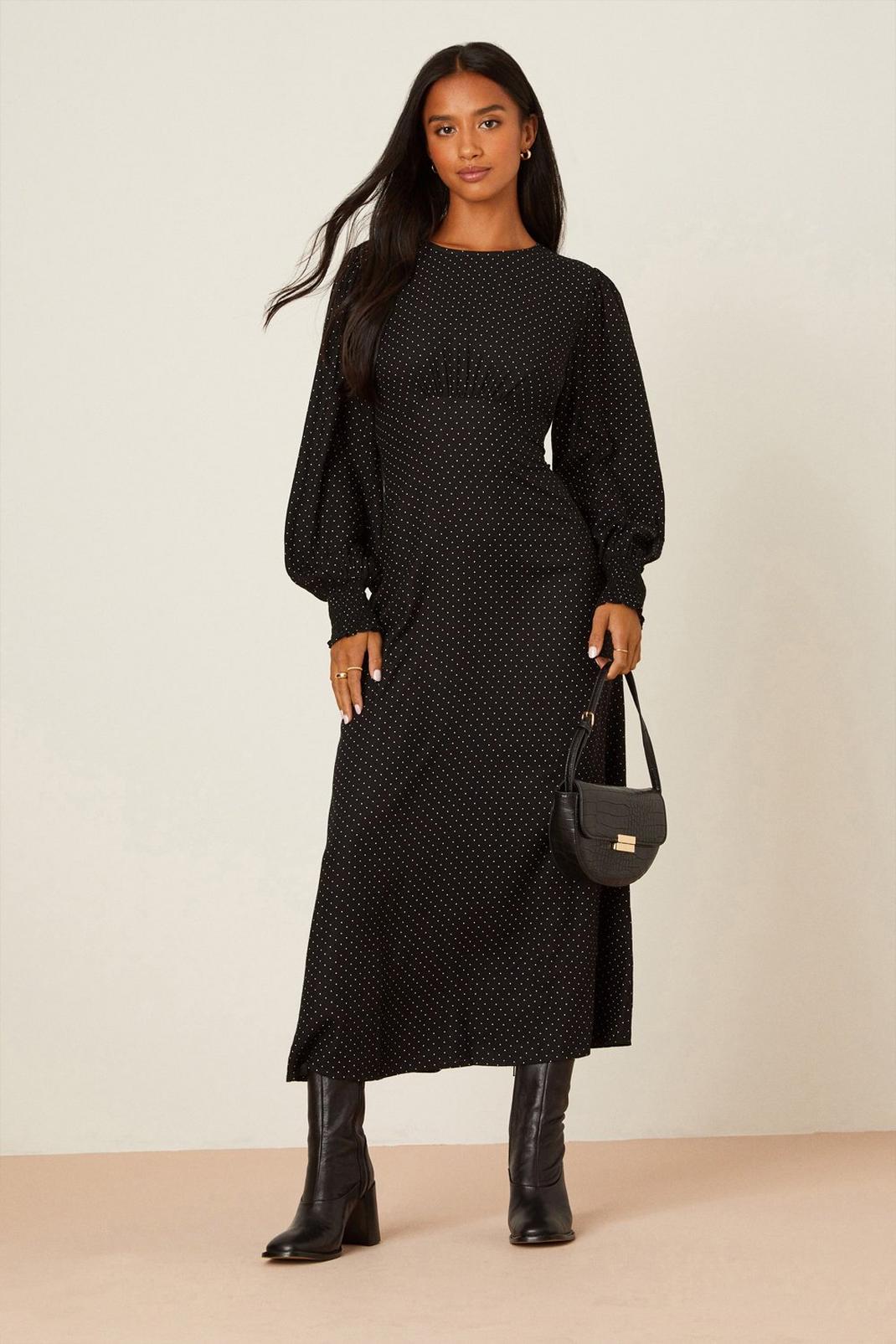 Petite Black Spot Long Sleeve Ruched Cuff Midi Dress image number 1
