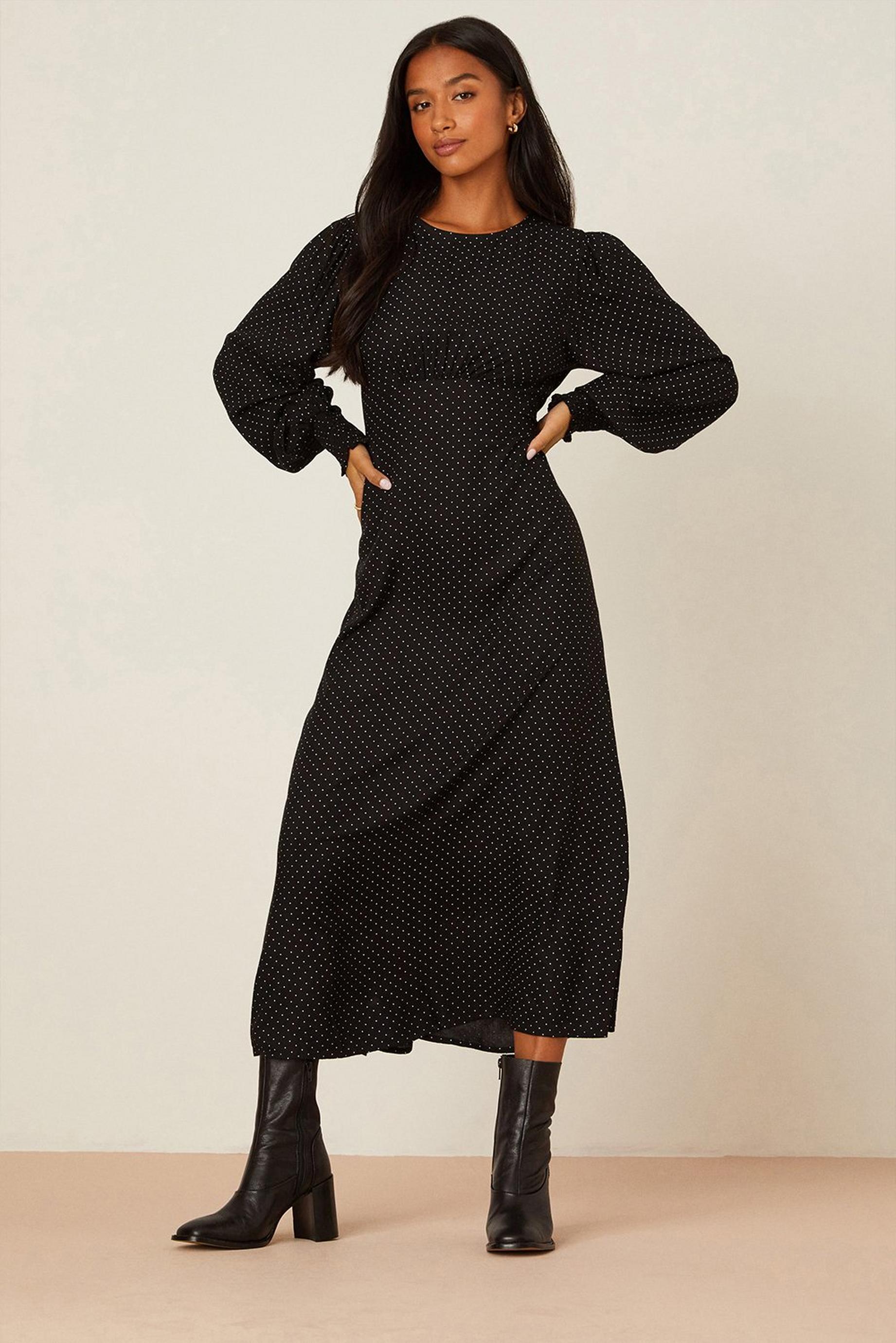 Petite Black Spot Long Sleeve Ruched Cuff Midi Dress