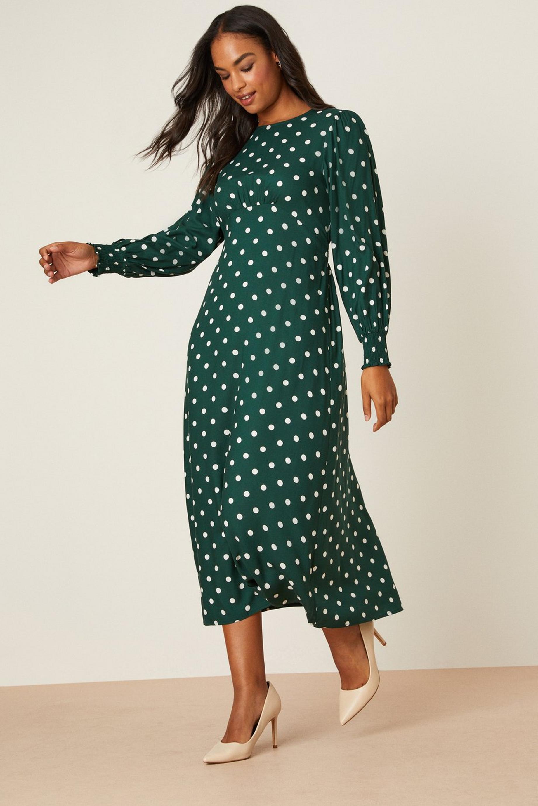 Green Spot Long Sleeve Shirred Cuff Midi Dress