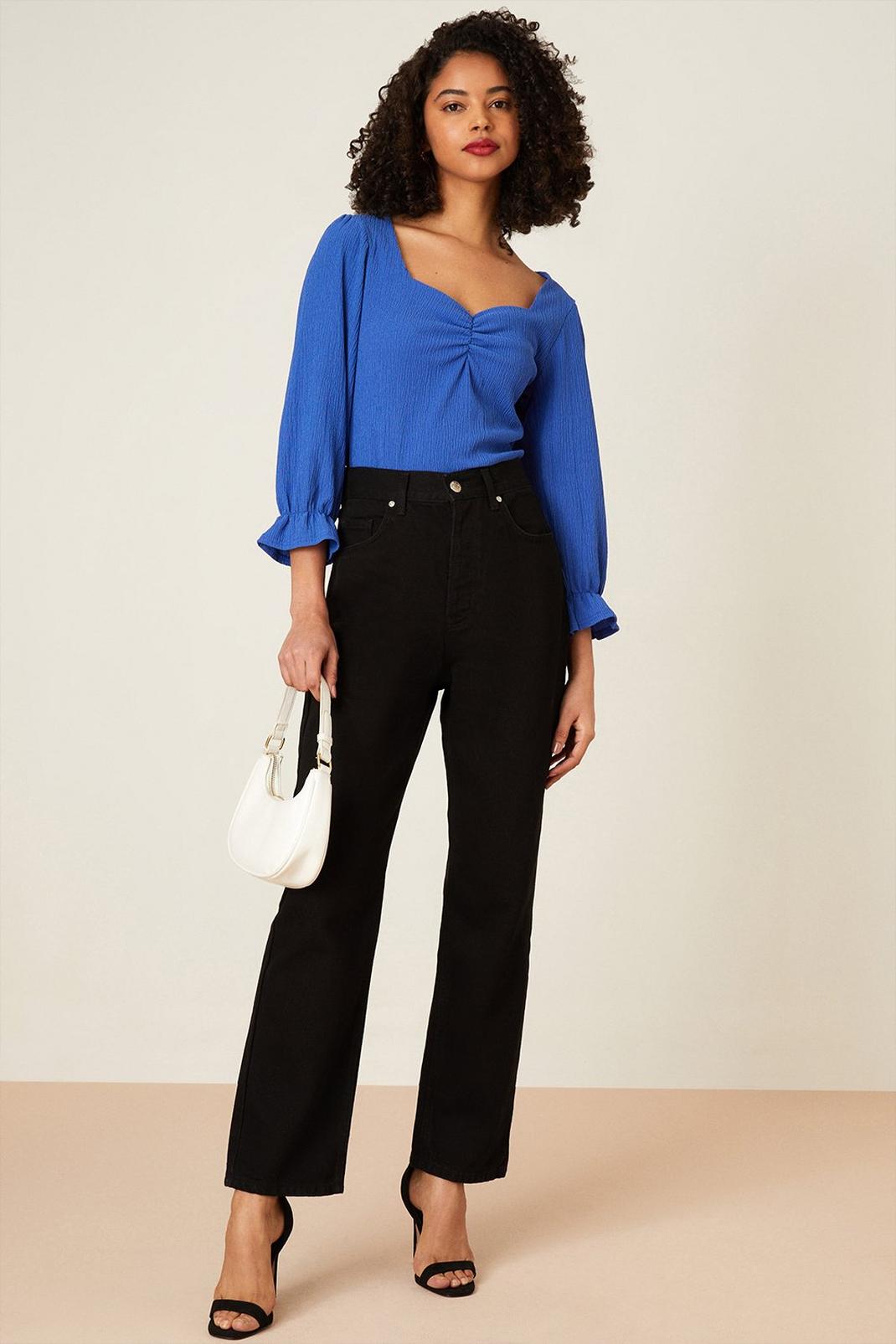 Cobalt Ruched Front Puff Sleeve Textured Top image number 1
