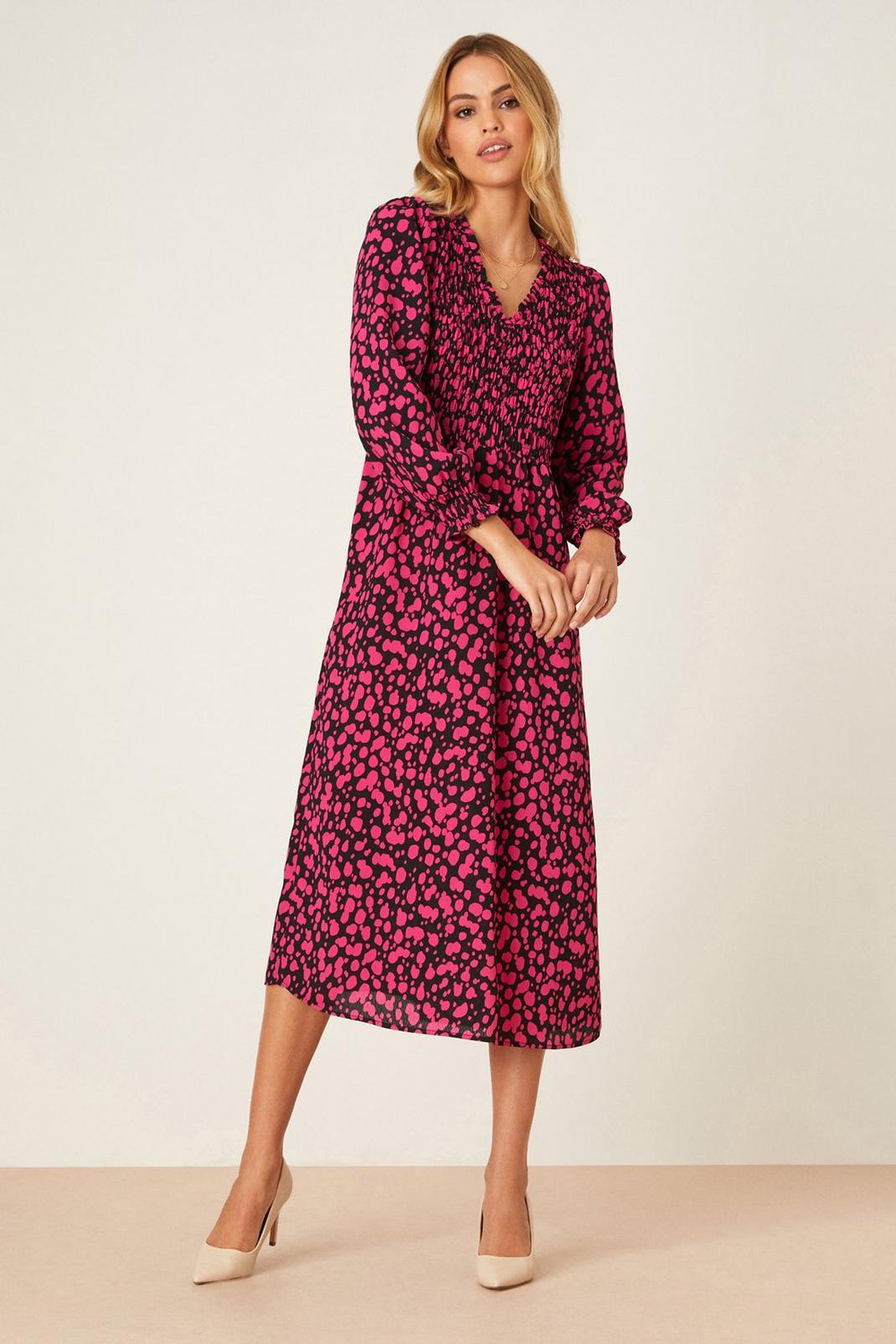 Black Pink Spot Shirred Midi Dress  image number 1