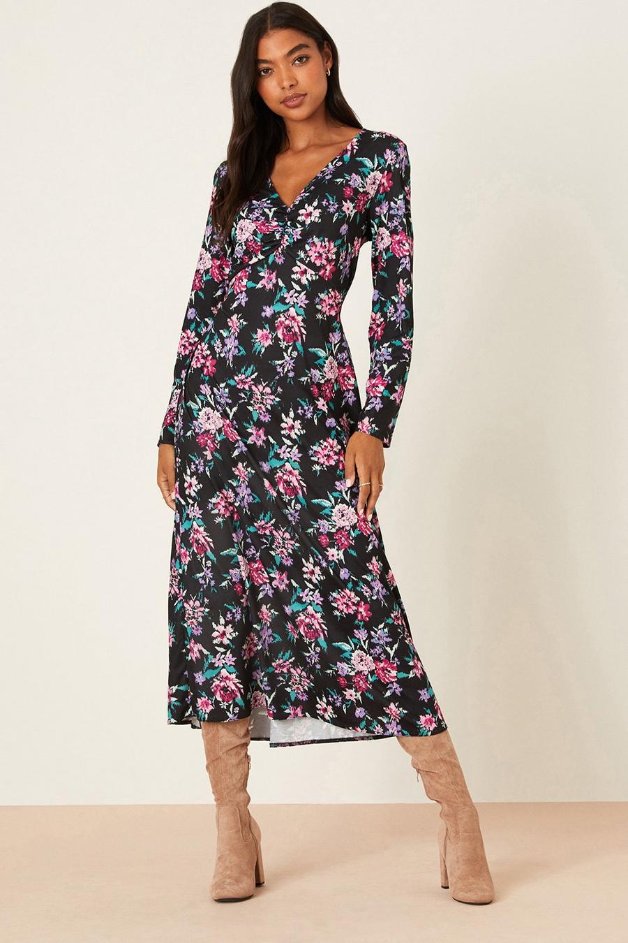 Floral Ruched Front Midi Dress