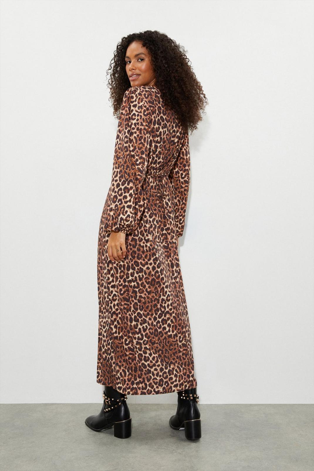 Animal Kitty Leopard Long Sleeve Button Midi Dress image number 1