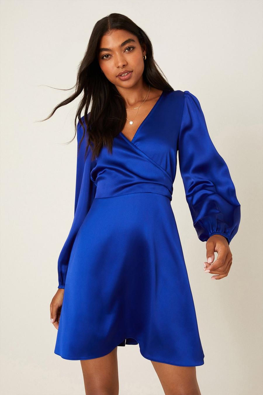 Blue Satin Wrap Mini Dress