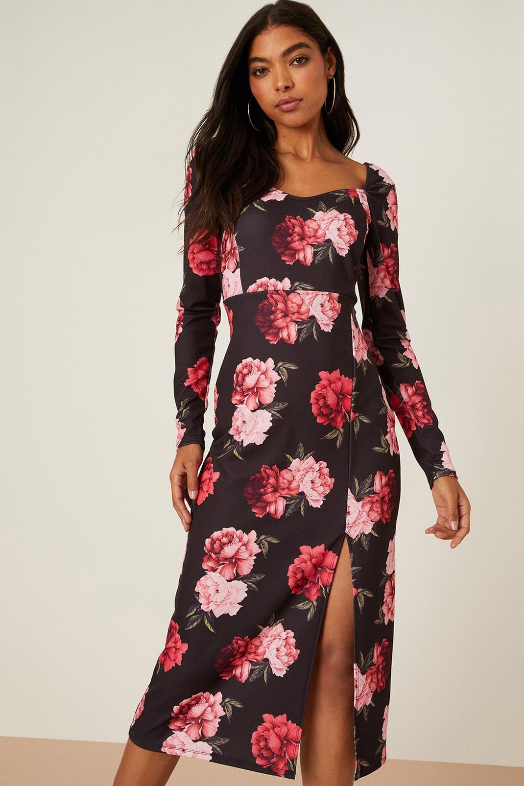 Black Rose Print Scuba Sweetheart Midi Dress | Dorothy Perkins UK