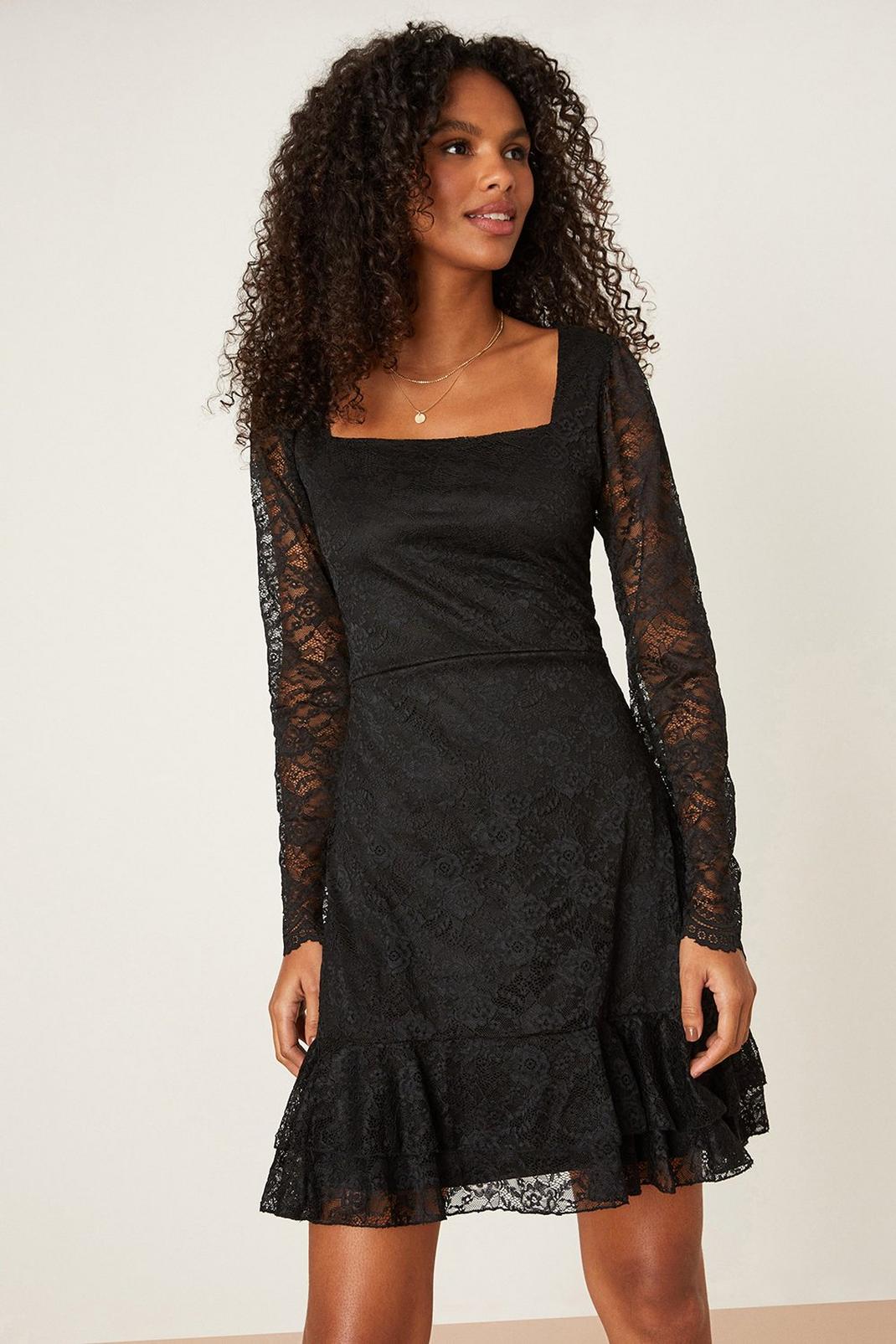 Black Lace Ruffle Hem Mini Dress image number 1