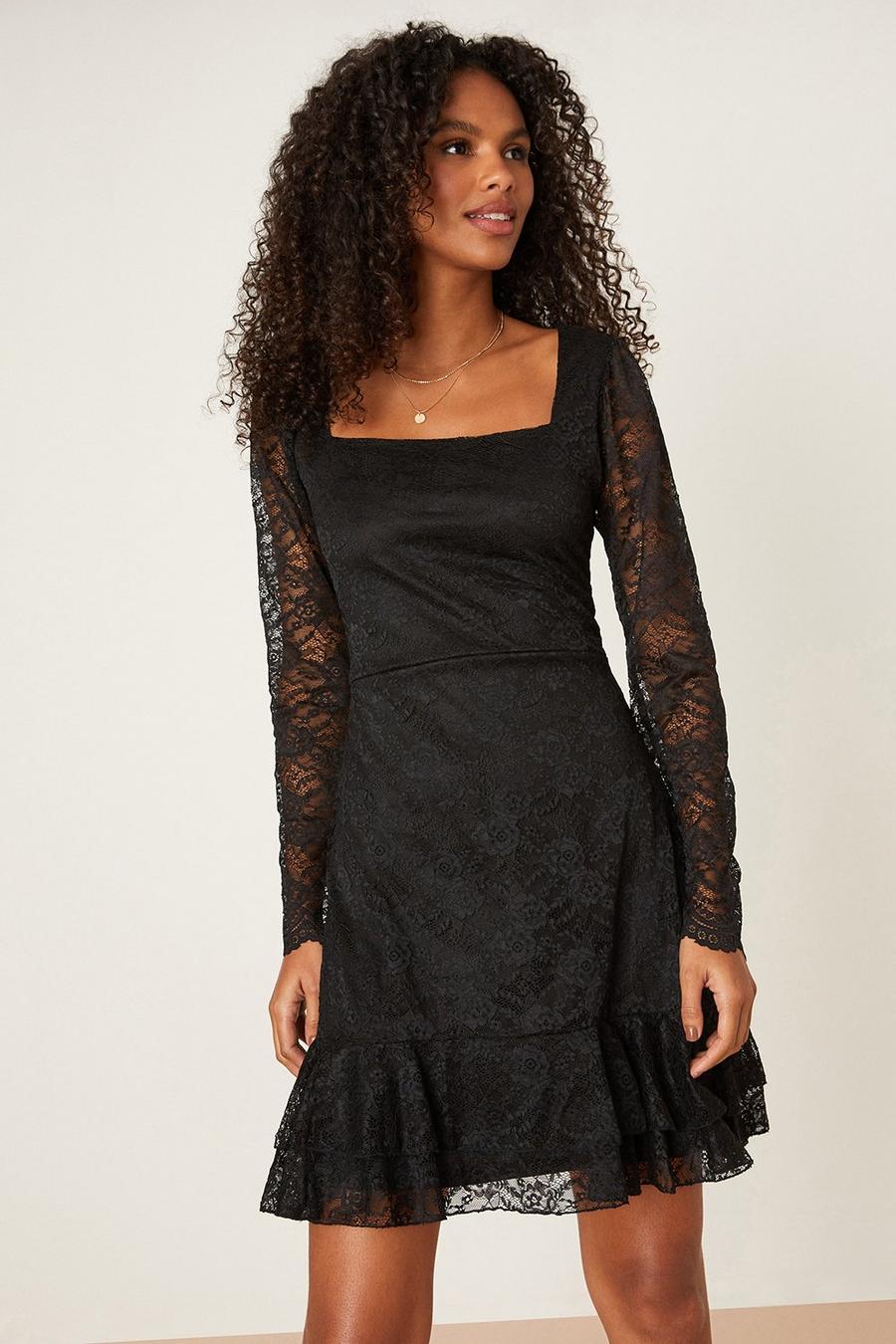 Black Lace Ruffle Hem Mini Dress 