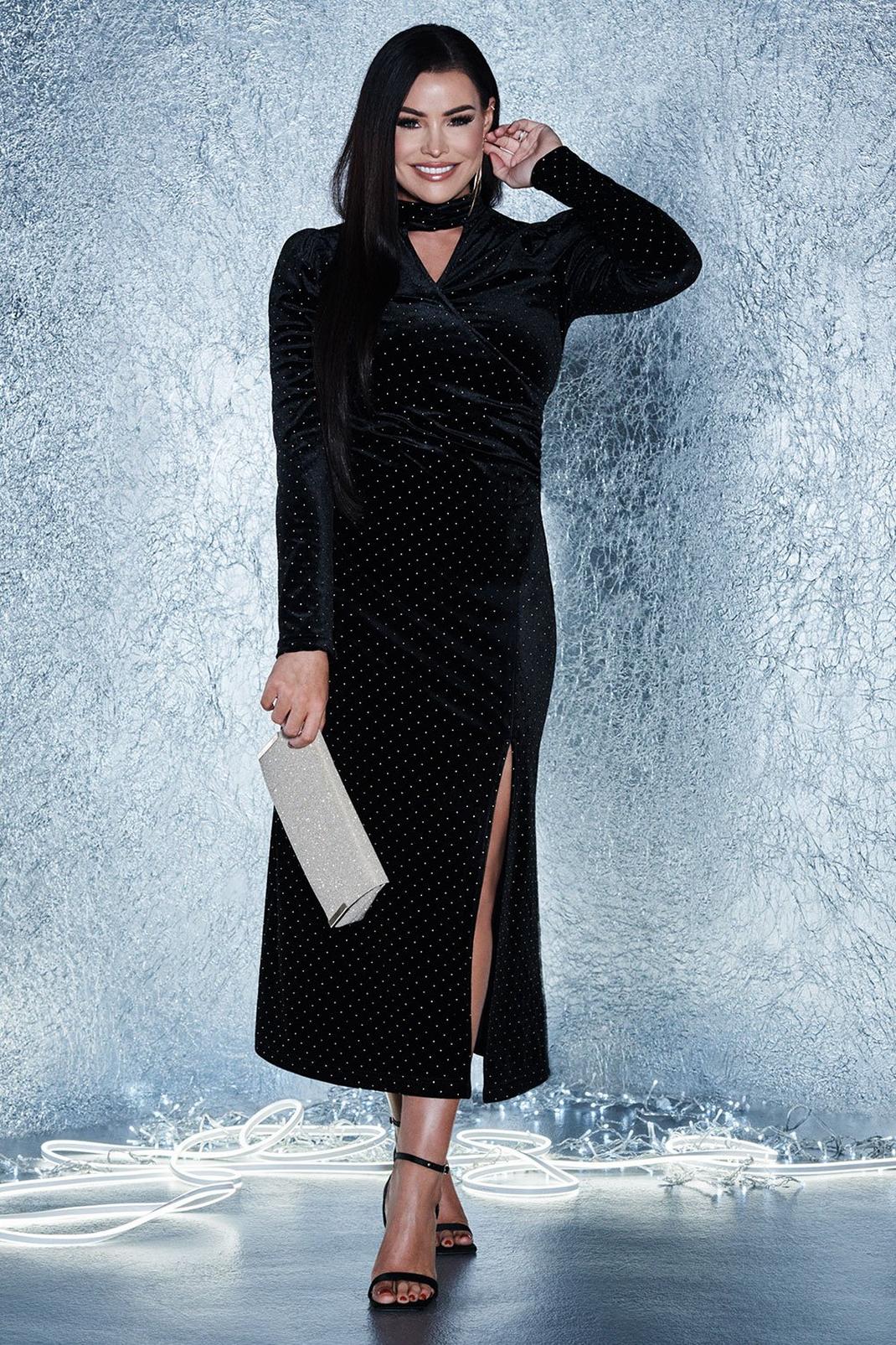 Black Studded Velvet Keyhole Wrap Midi Dress image number 1