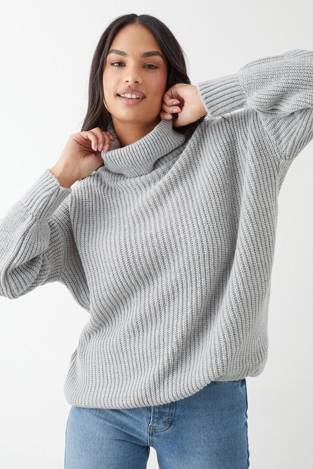 Grey Chunky Roll Neck Jumper image number 1