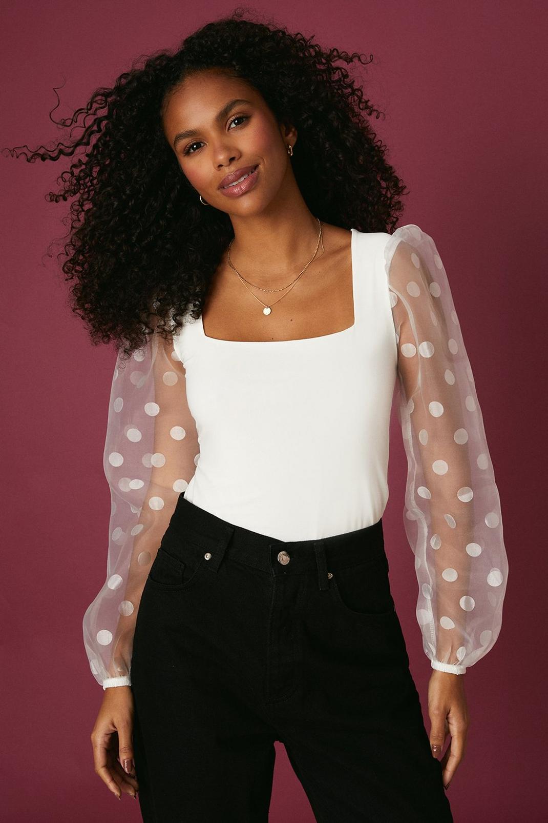 Ivory Organza Spot Sleeve Square Neck Top image number 1