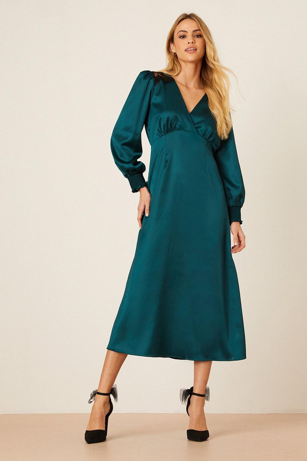 Green Satin Lace Trim Wrap Midi Dress image number 1
