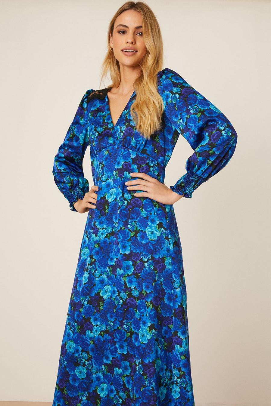 Satin Blue Floral Lace Trim Wrap Midi Dress