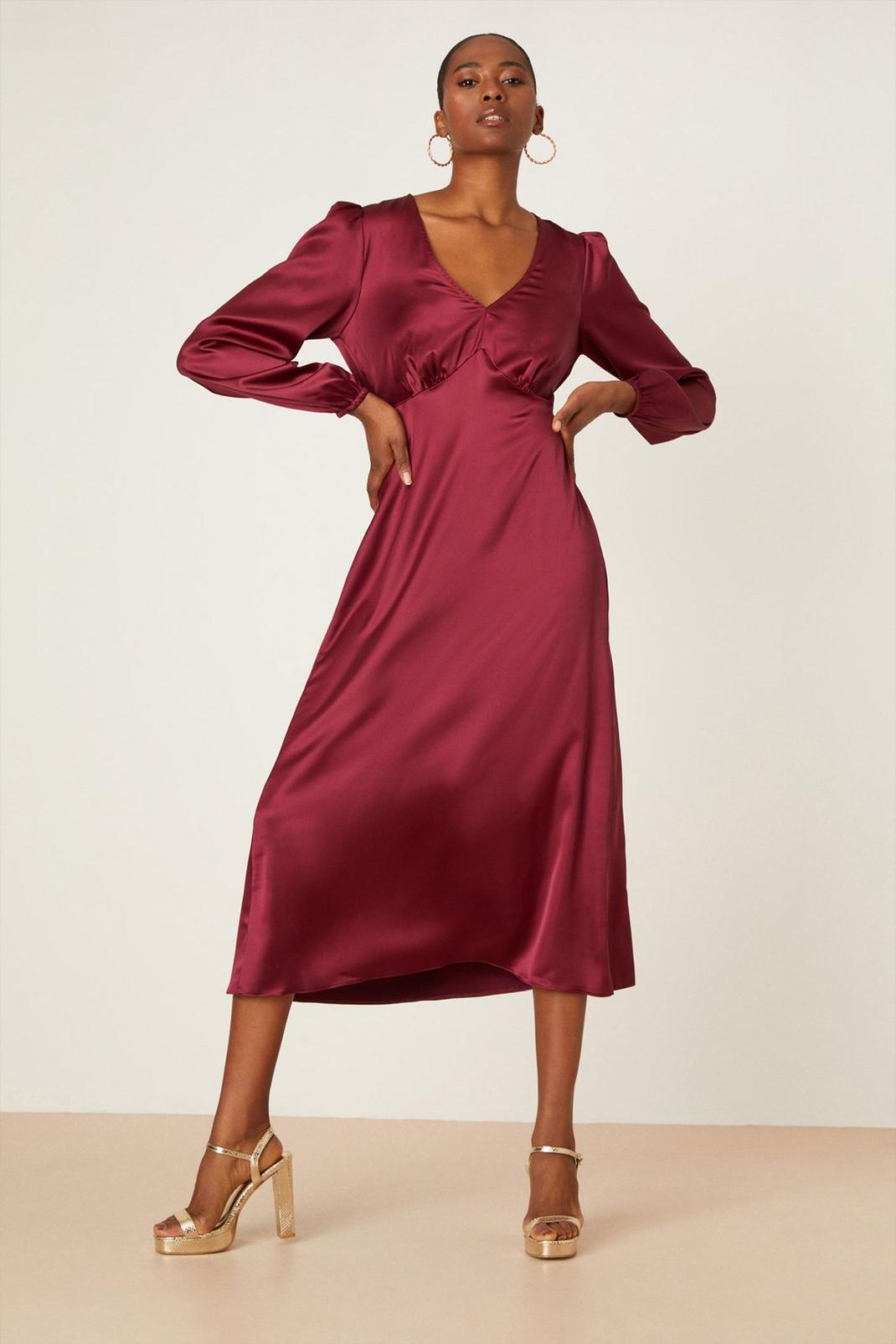 Burgundy Tall Satin Long Sleeve Midi Dress image number 1