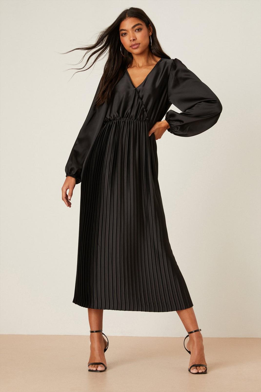 Black Satin Pleated Wrap Midi Dress image number 1
