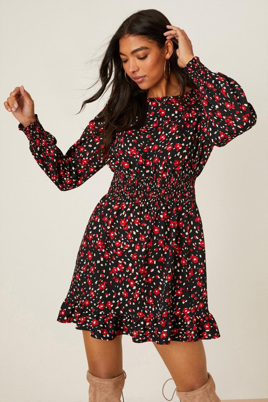 Red Ditsy Floral Shirred Waist Mini Dress