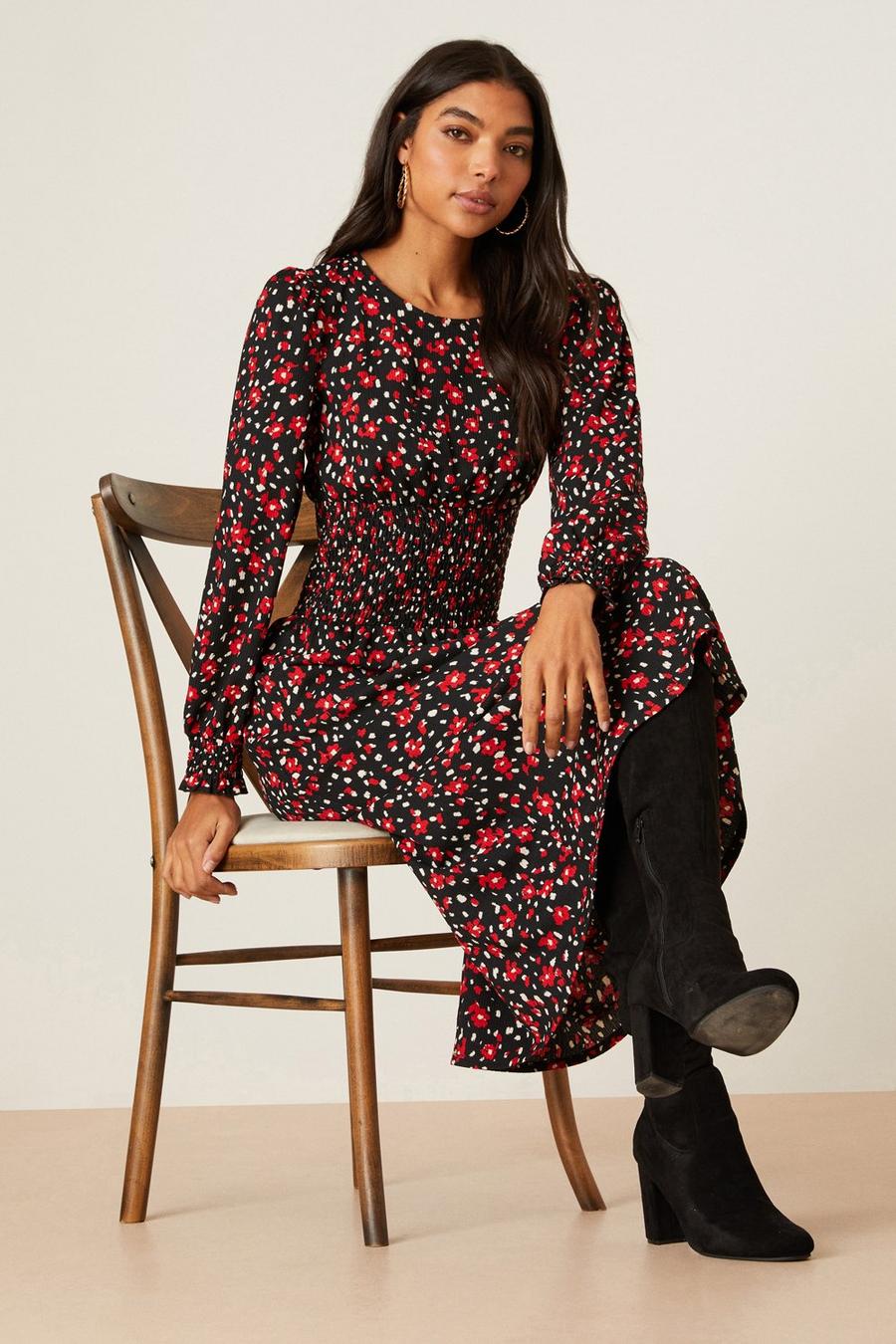 Red Ditsy Floral Shirred Waist Midi Dress