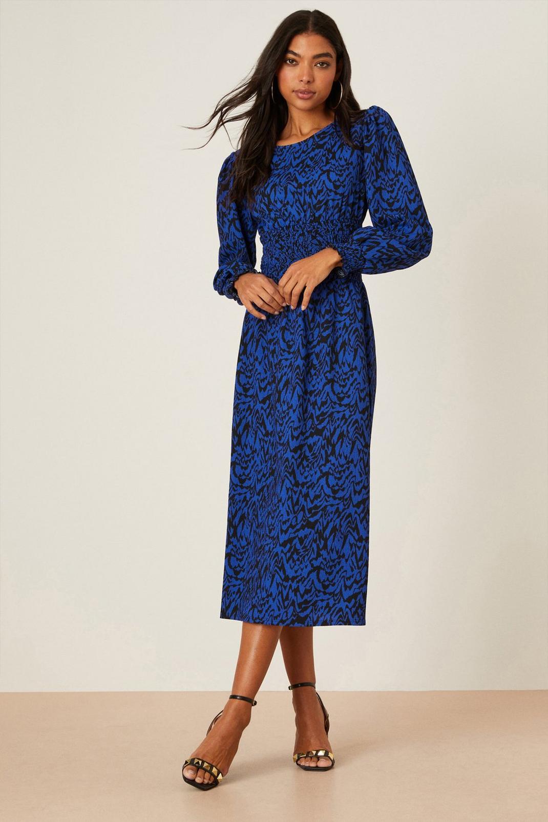 Blue Printed Shirred Waist Midi Dress image number 1