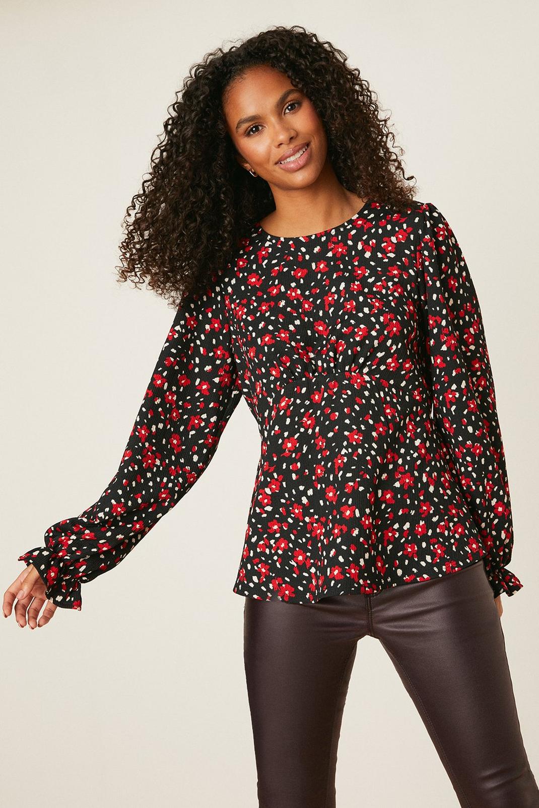 Multi Abstract Floral Empire Seam Long Sleeve Top image number 1