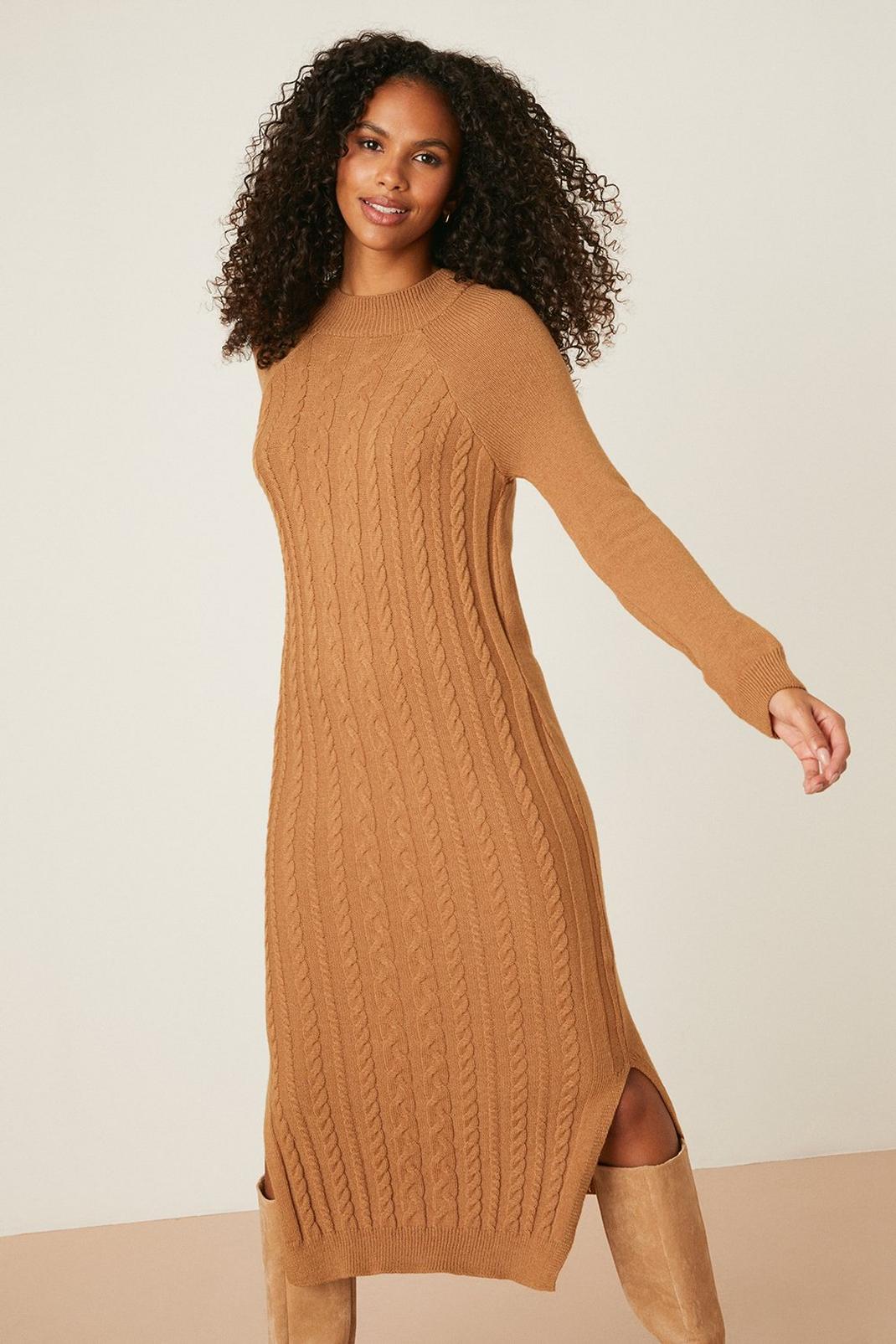 Camel Cable Knitted Dress image number 1