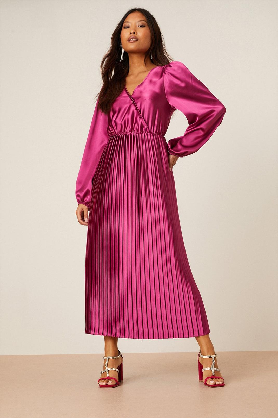 Pink Petite Satin Pleated Wrap Midi Dress image number 1