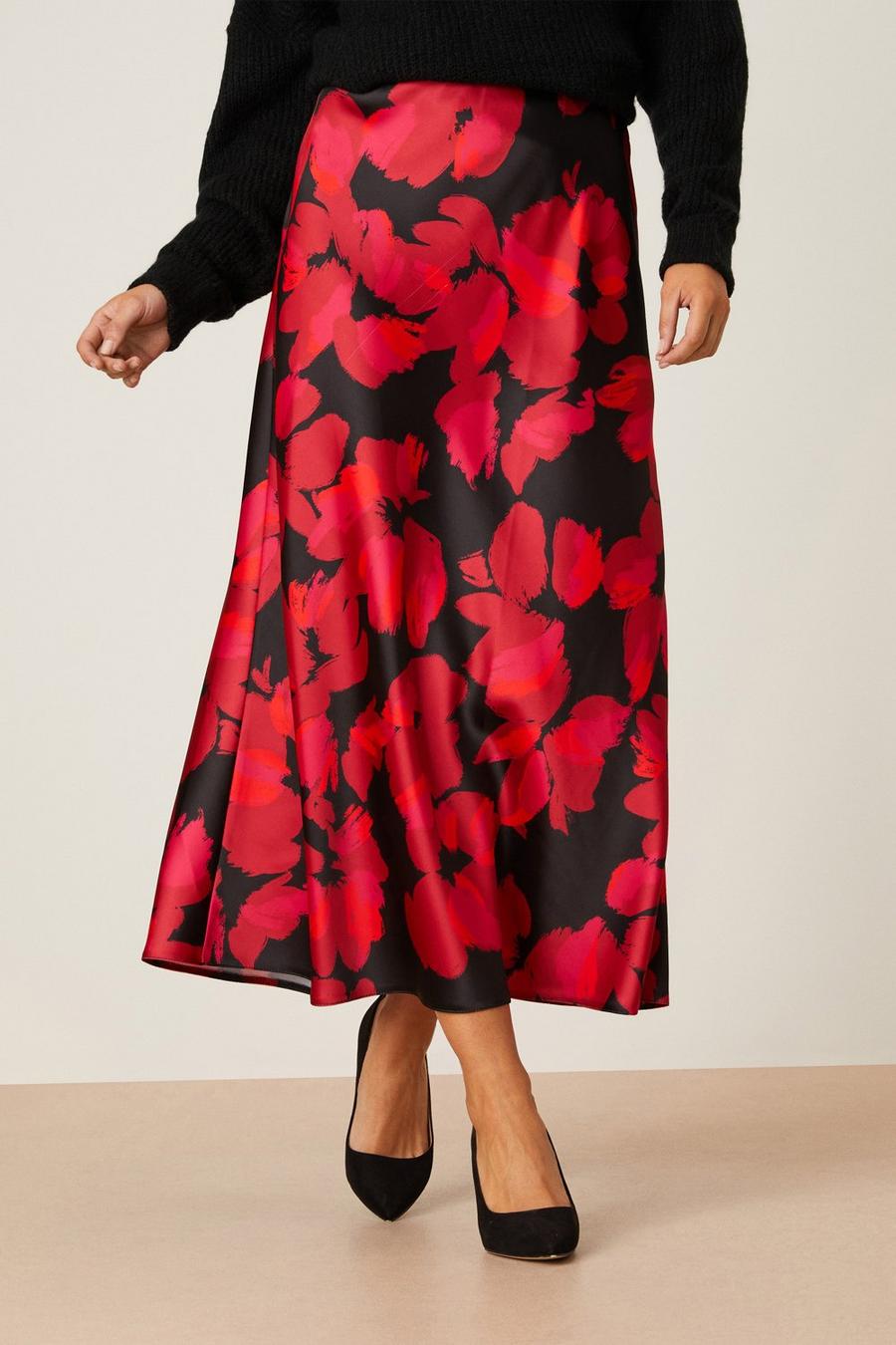 Red Floral Satin Bias Midi Skirt