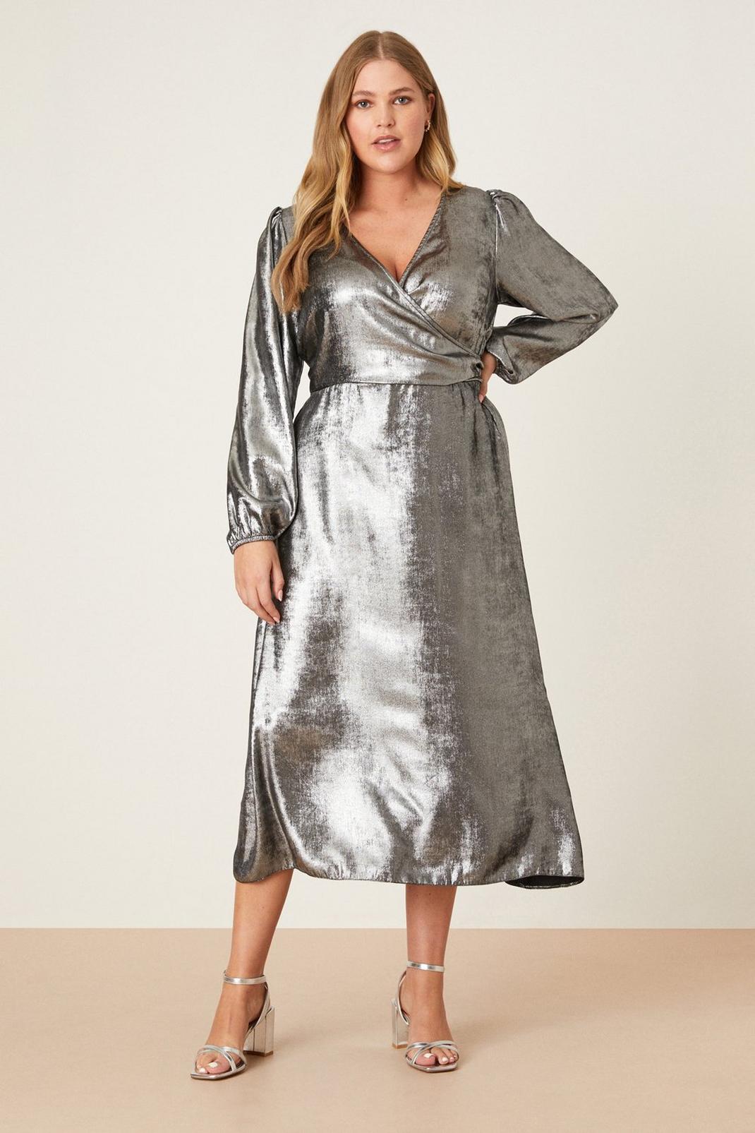 Black Curve Silver Glitter Wrap Midi Dress image number 1