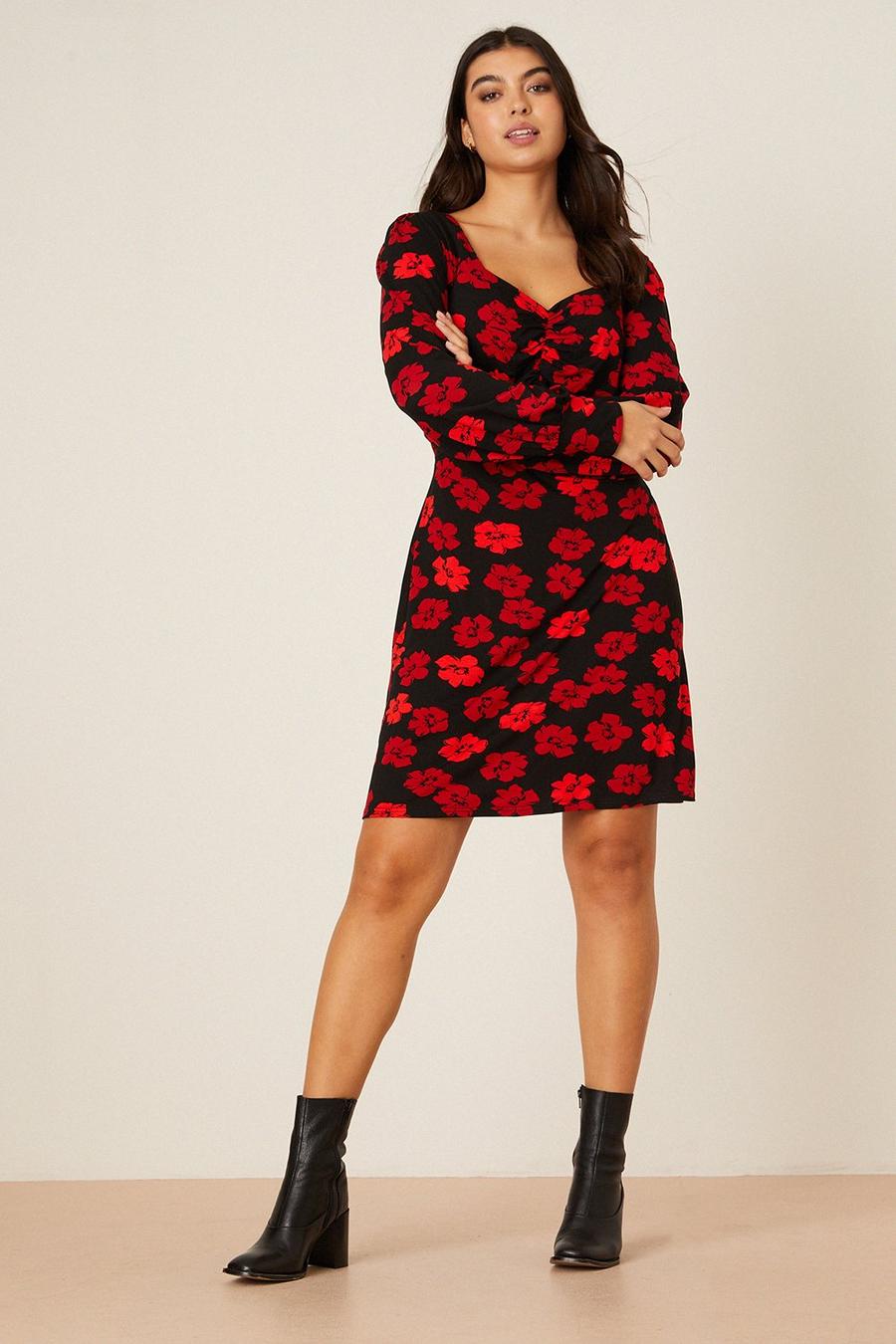 Curve Red Floral Ruched Front Mini Dress