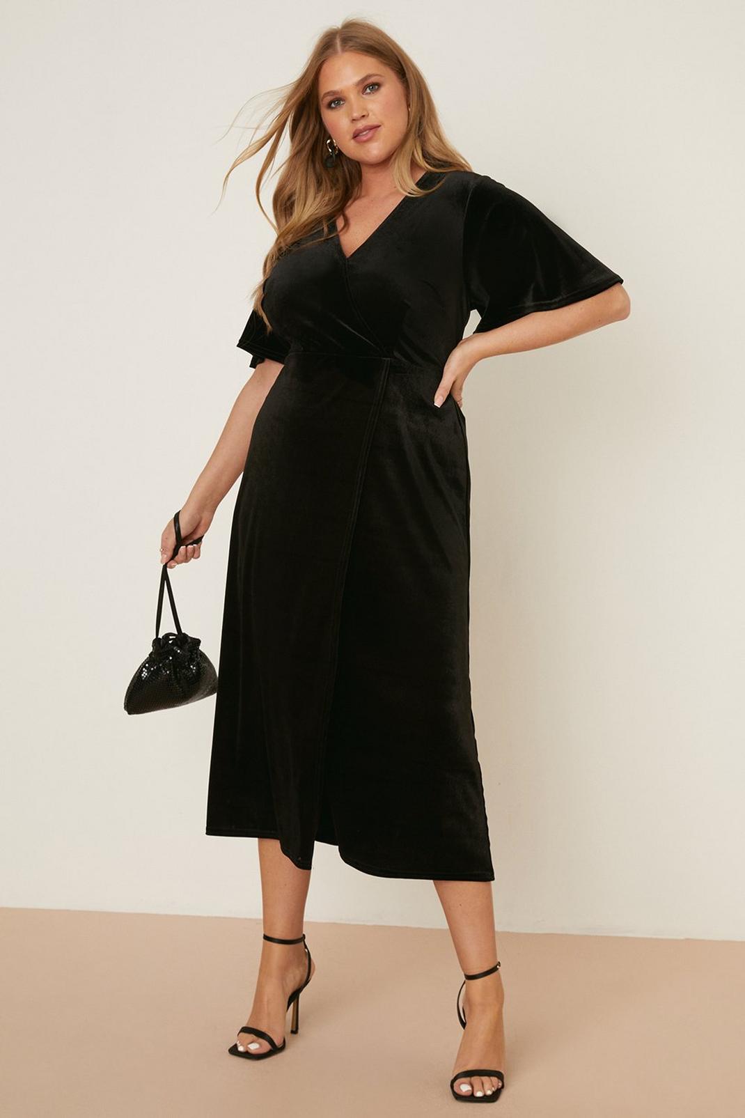 Curve Black Wrap Velvet Midi Dress image number 1