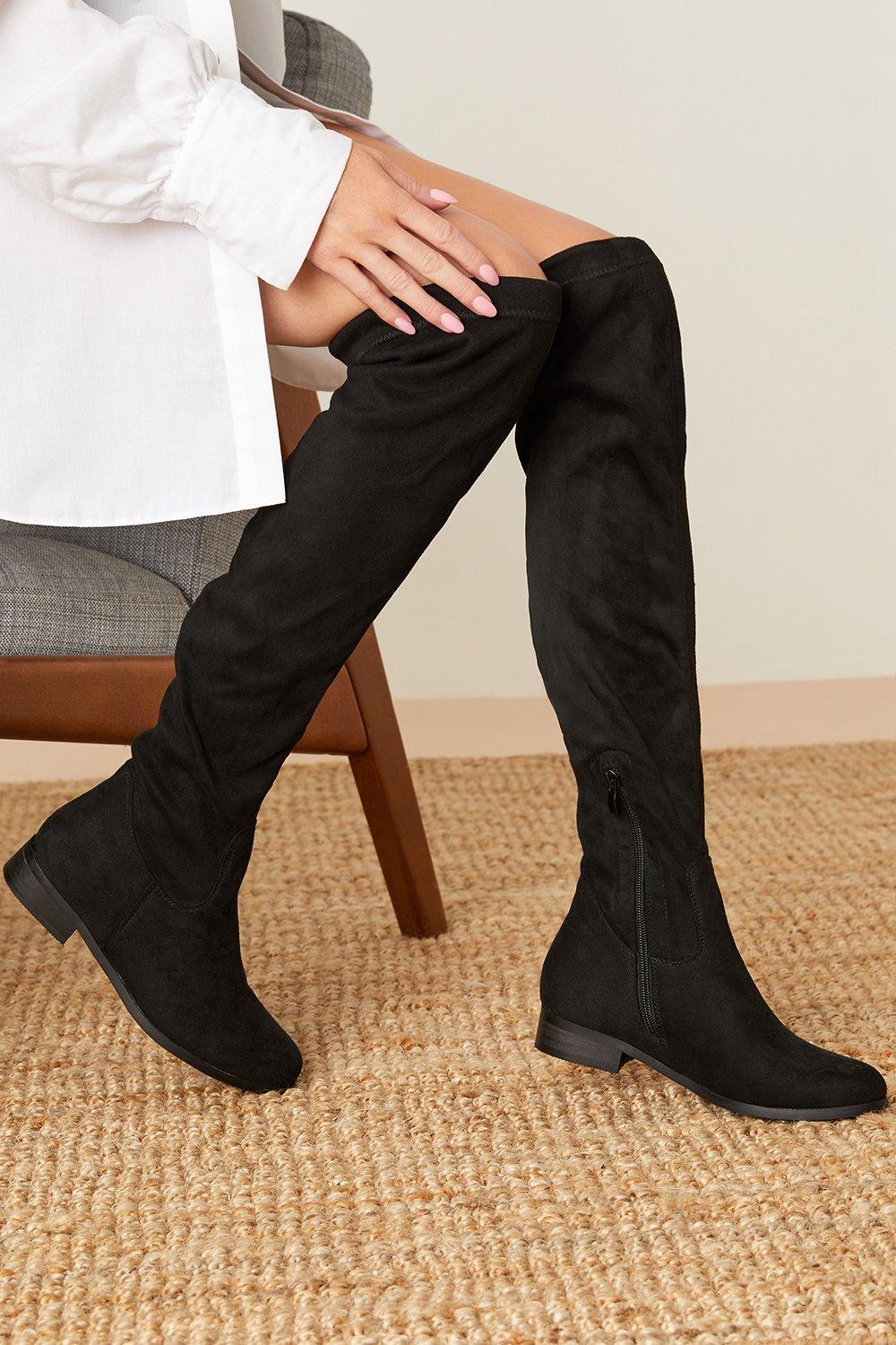 flat black thigh high boots