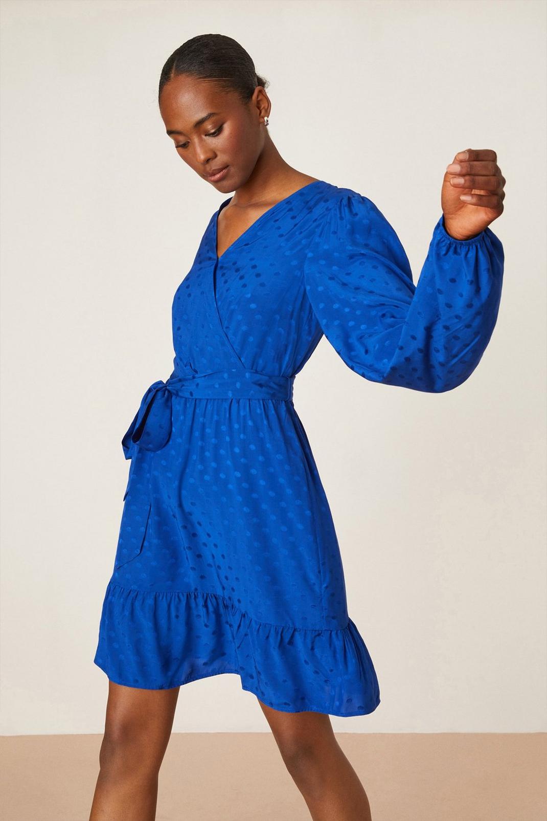 Cobalt Tall Blue Spot Jacquard Tie Waist Wrap Mini Dress image number 1