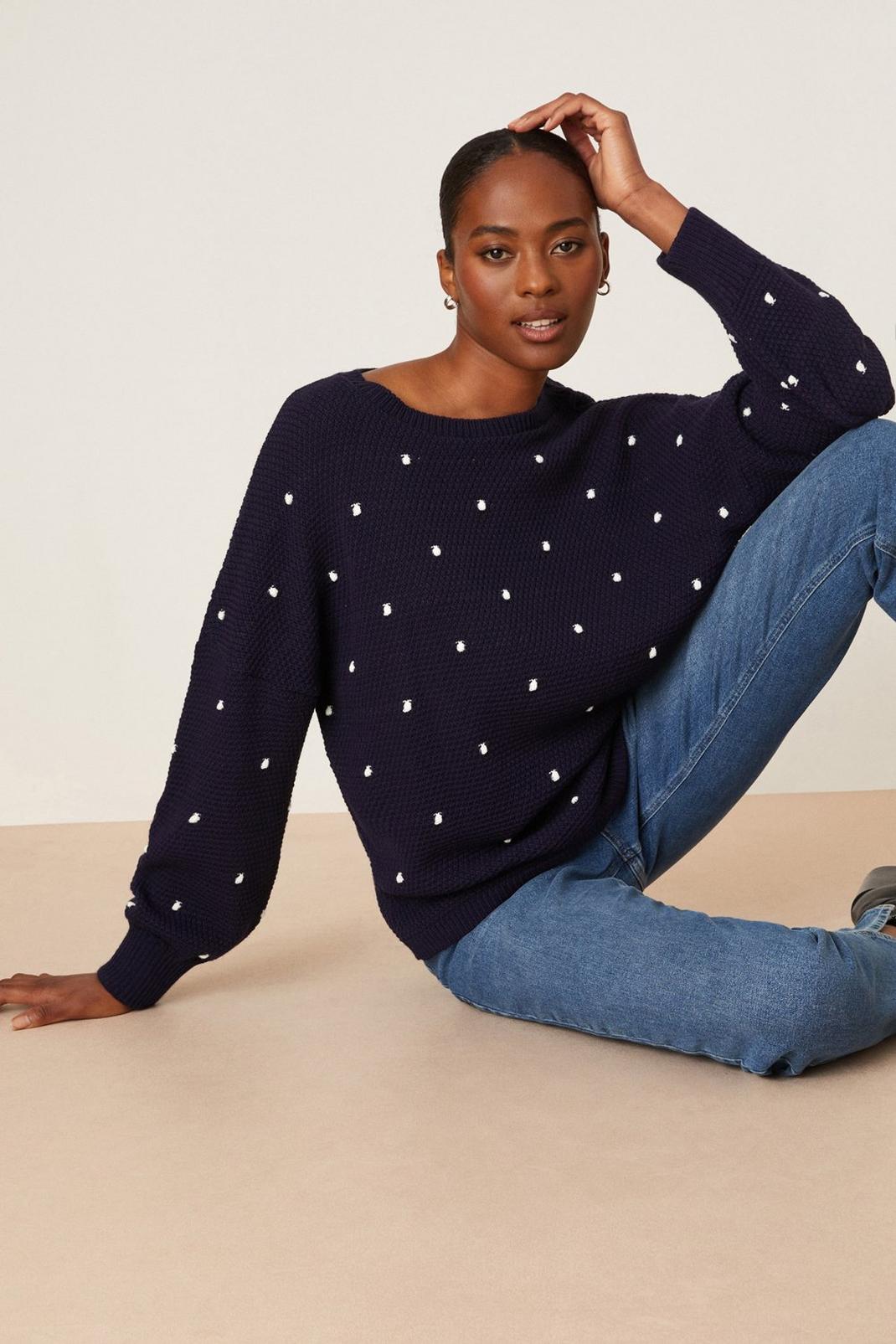 Navy Tall Spot Knitted Jumper image number 1