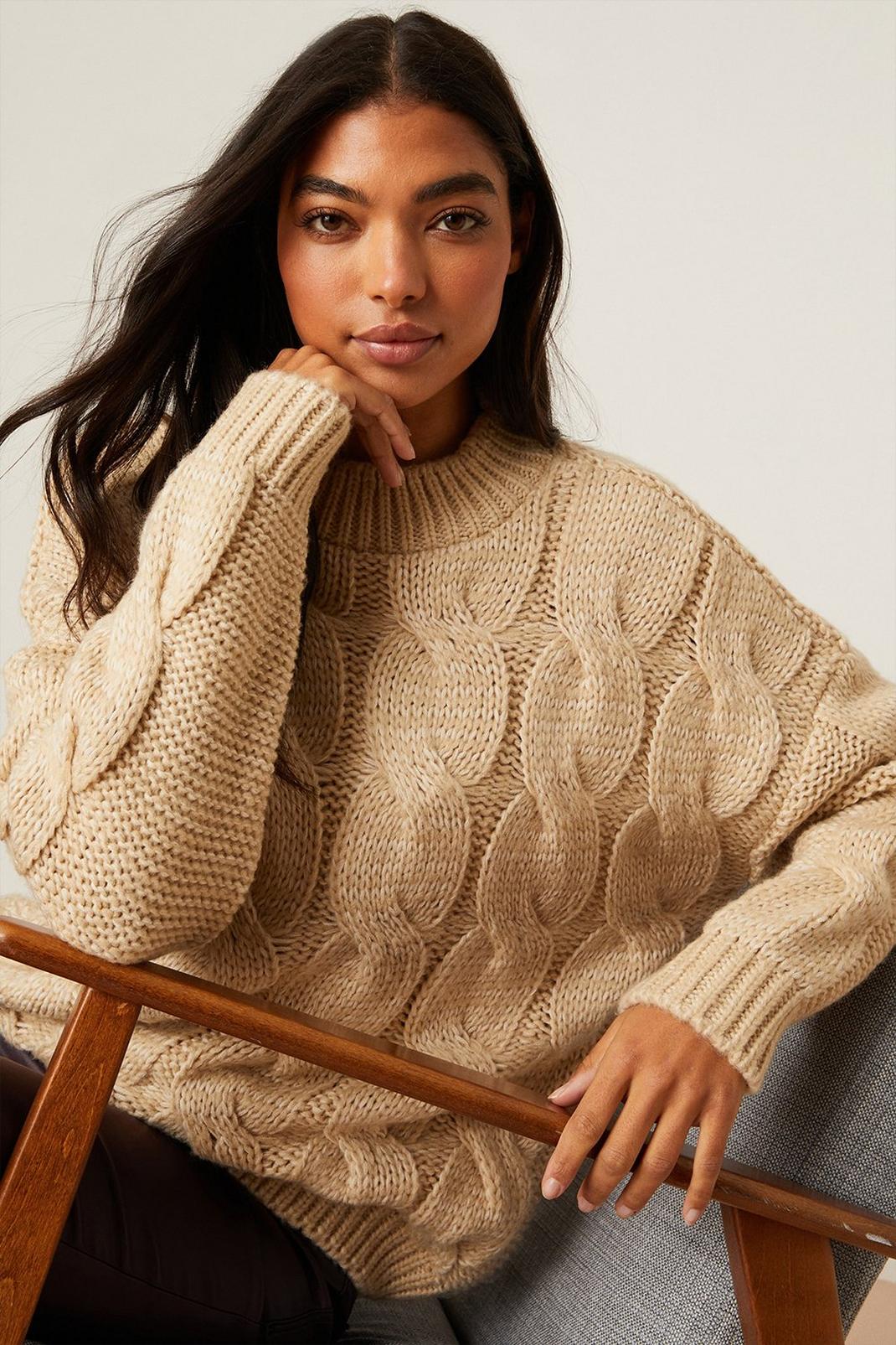 Sand Tall Cable Knitted Jumper image number 1