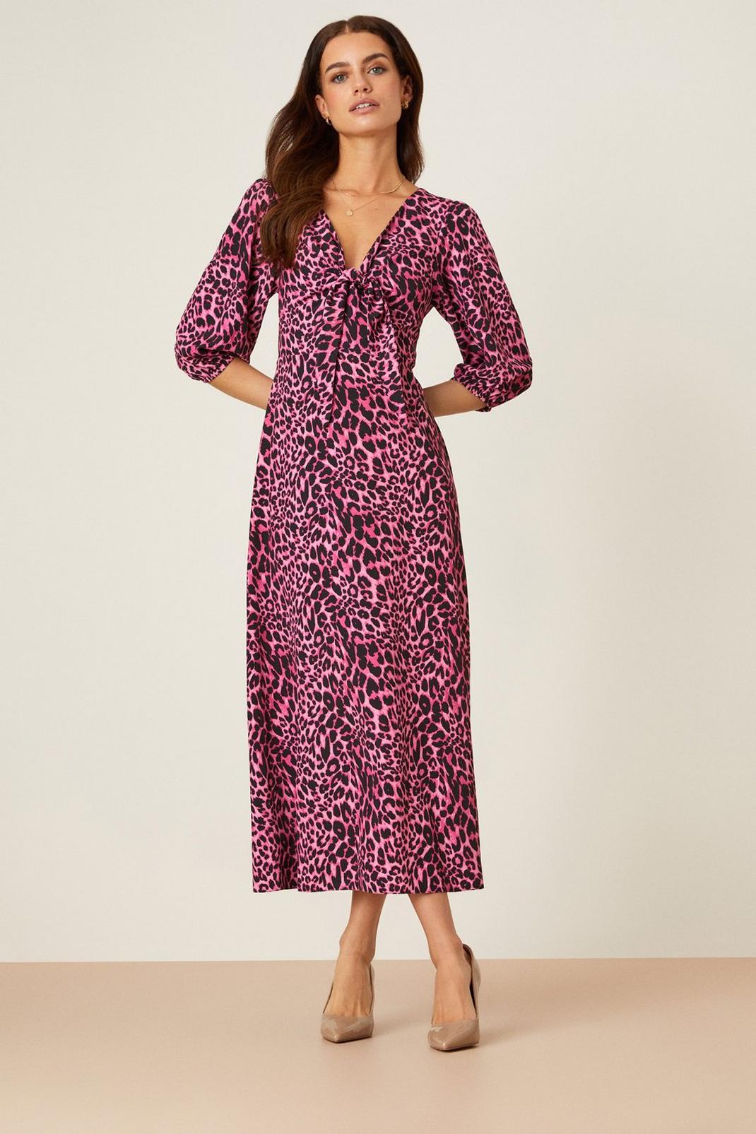 Petite Pink Leopard Tie Front Midi Dress image number 1