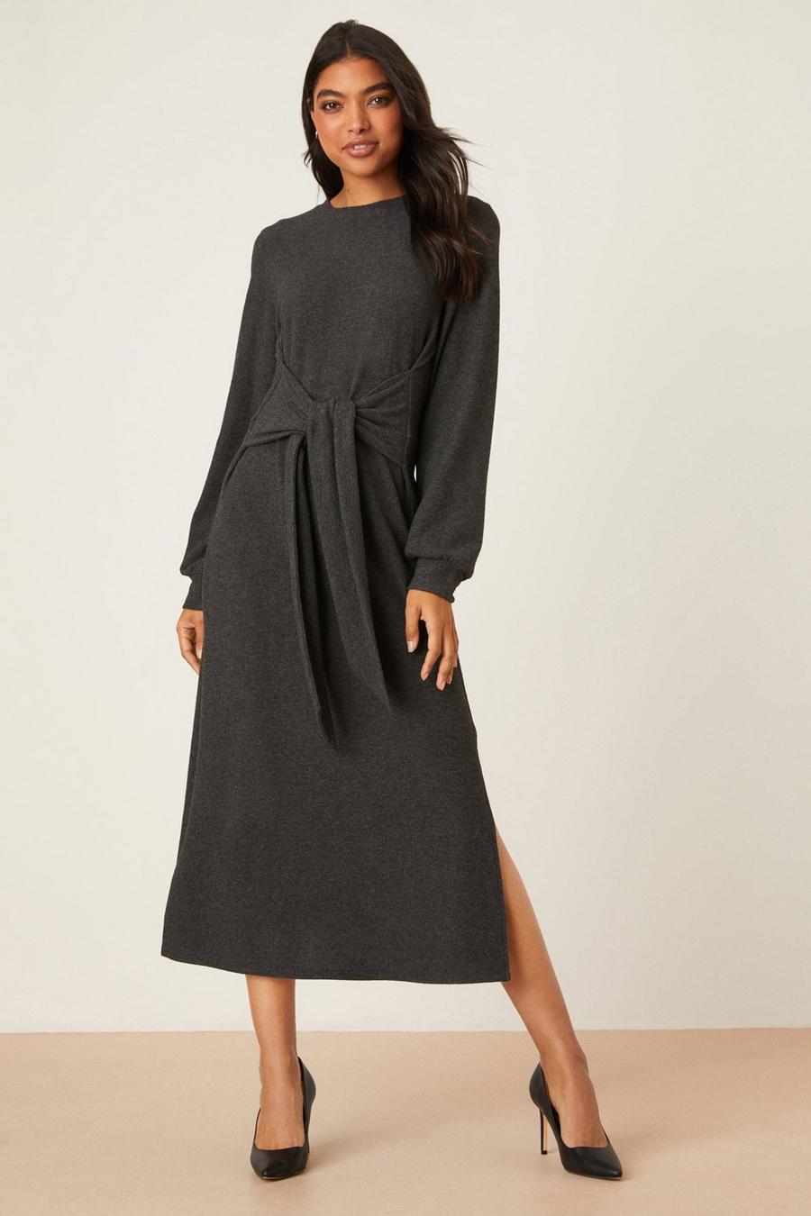 Charcoal Marl Soft Touch Tie Front Midi Dress