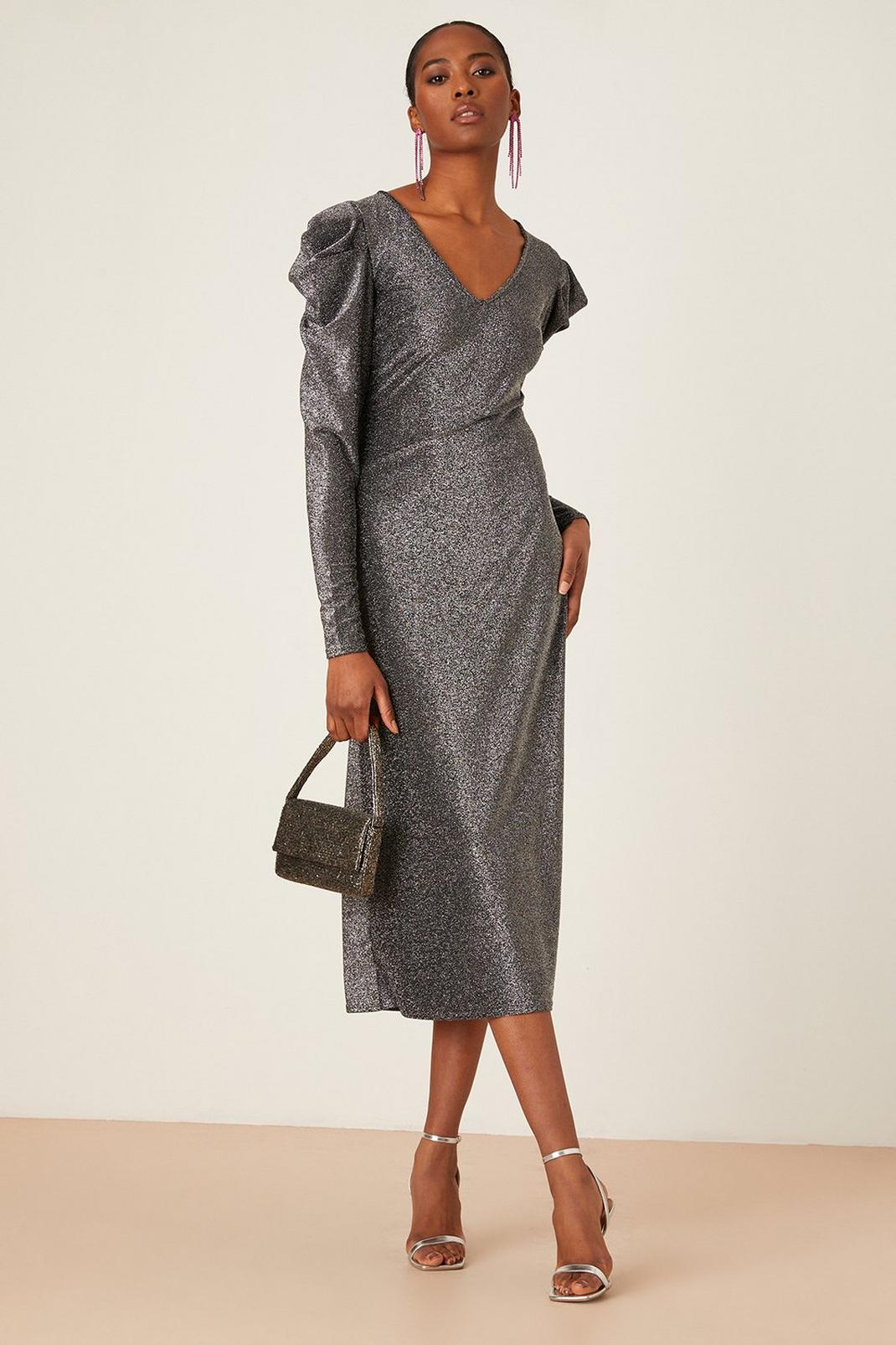 Tall Silver Shimmer Midi Dress  image number 1