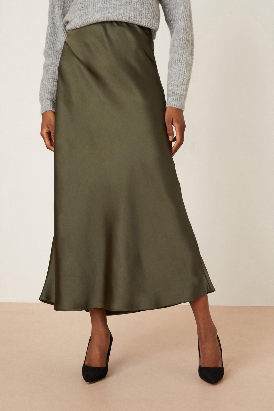 Khaki Tall Plain Satin Bias Midi Skirt image number 1