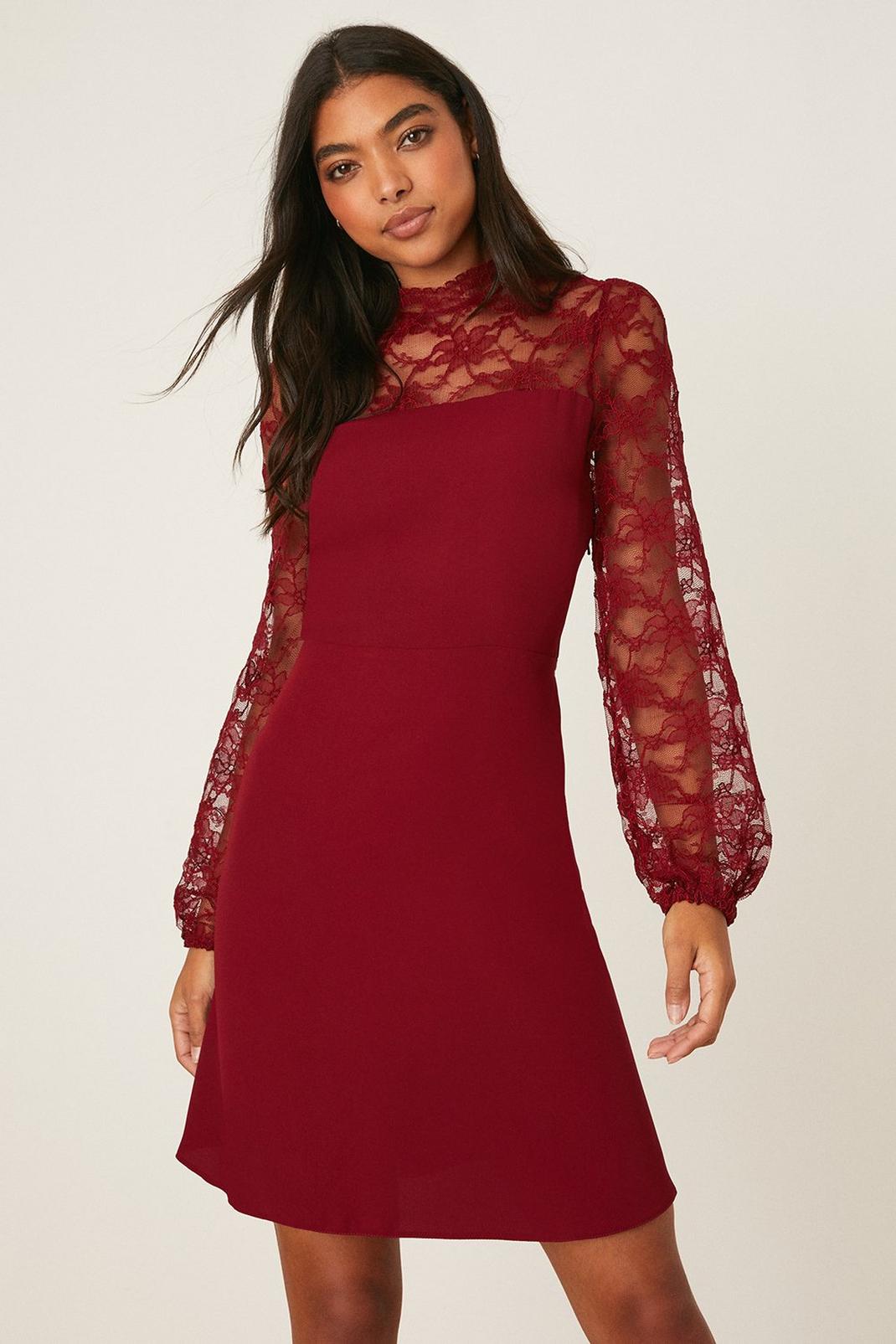 Berry High Neck Lace Sleeve Mini Dress image number 1