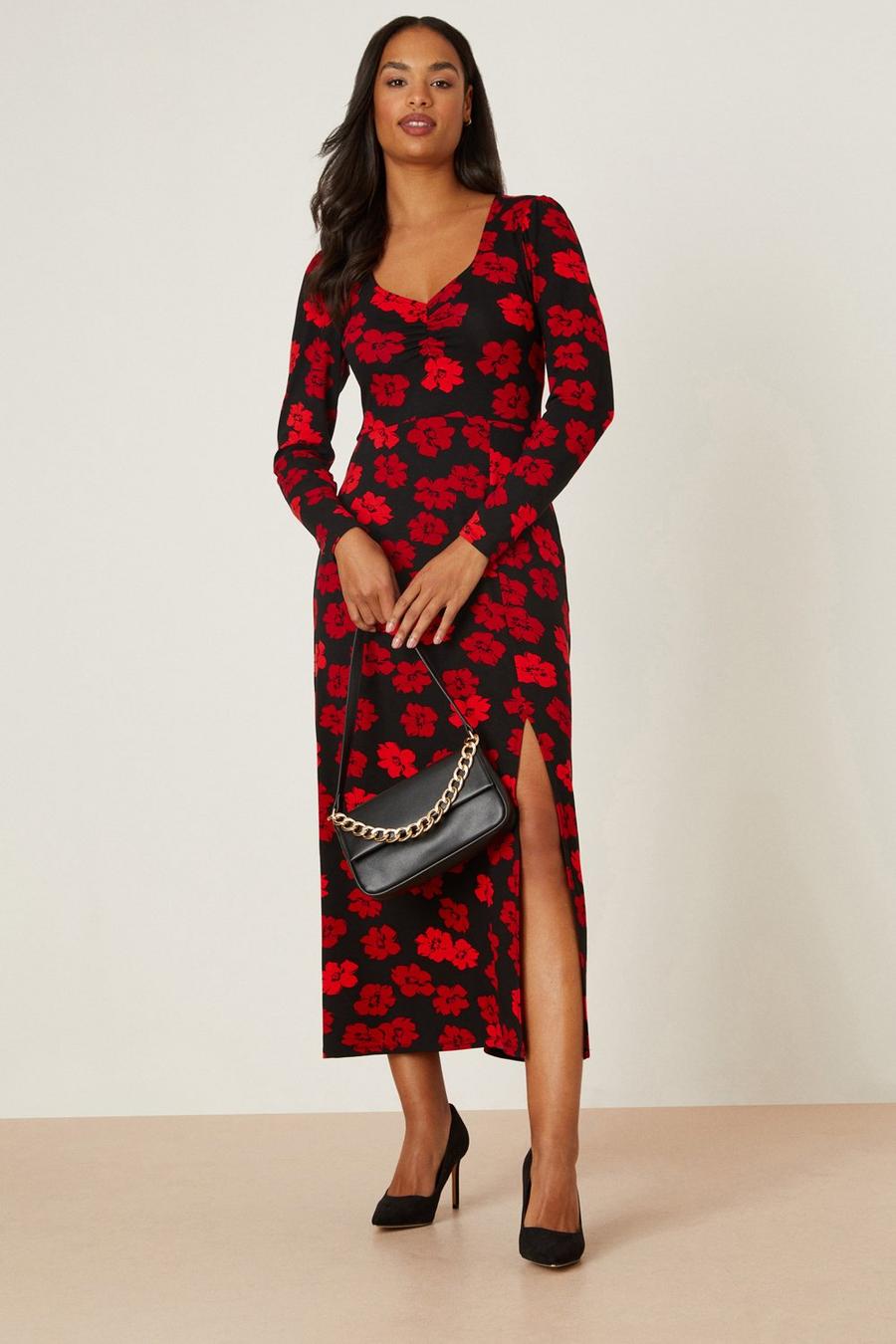Cora Long Sleeve Red Floral Midi Dress
