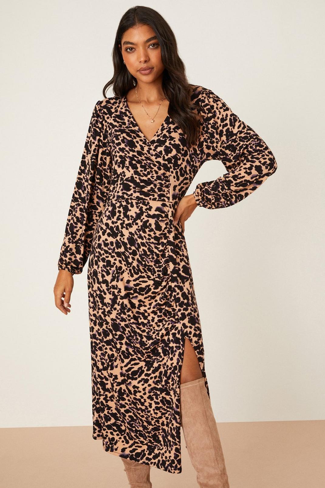 Ruched Side Wrap Animal Midi Dress image number 1