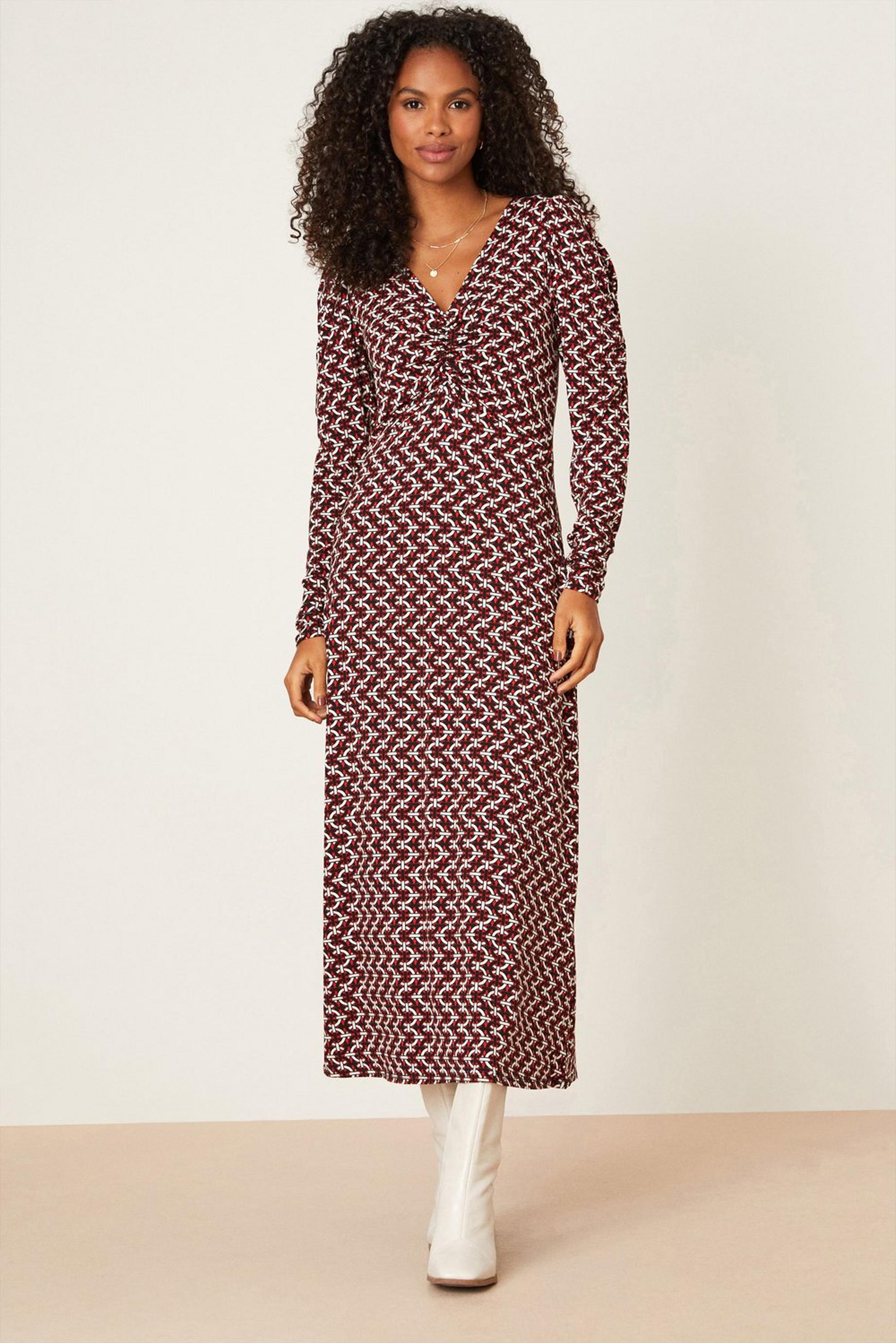 Ruched Front Geo Midi Dress