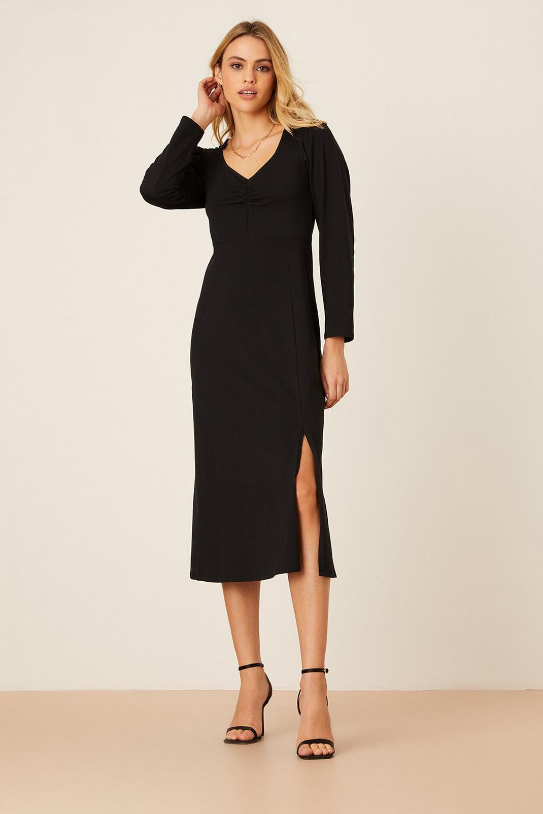 Petite Long Sleeve Black Midi Dress image number 1