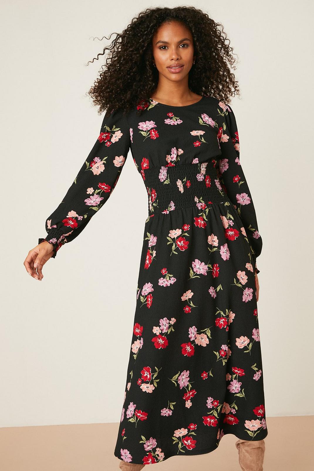 Mono Large Floral Long Sleeve Shirred Midi Dress image number 1