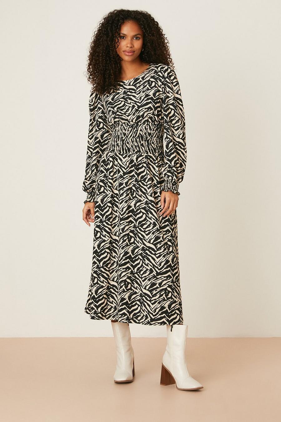 Mono Zebra Print Long Sleeve Shirred Midi Dress