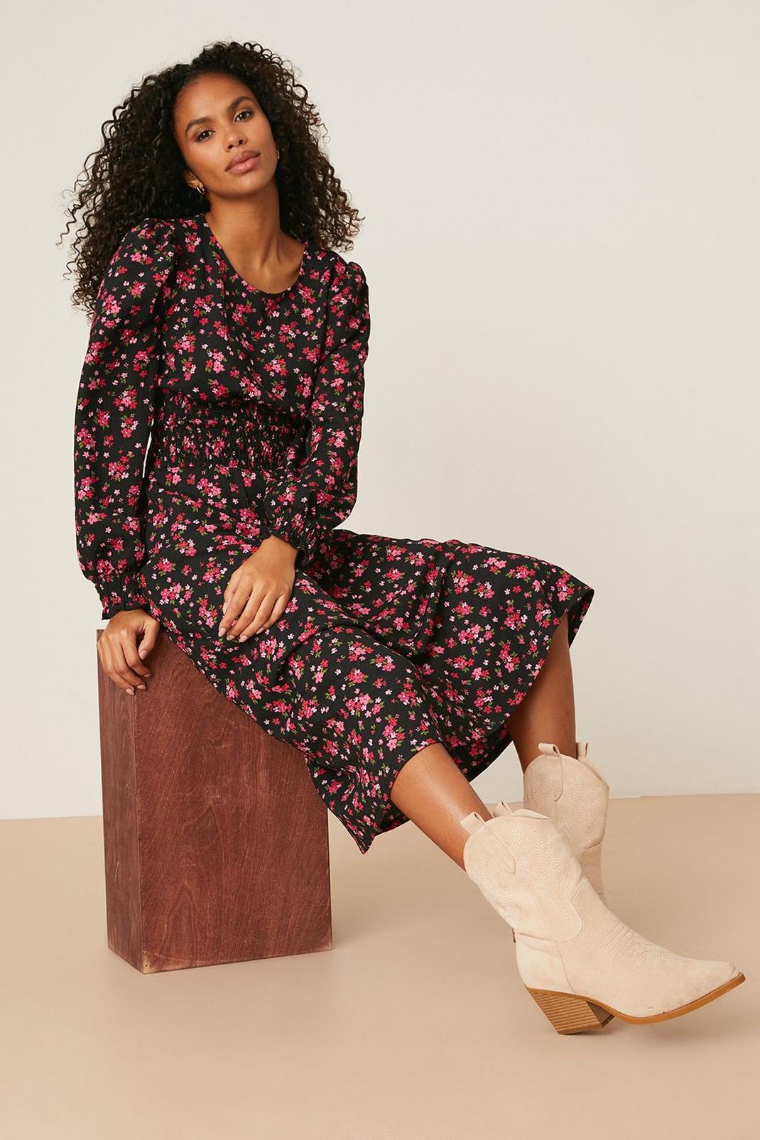 Multi Pink Ditsy Floral Long Sleeve Shirred Midi Dress image number 1