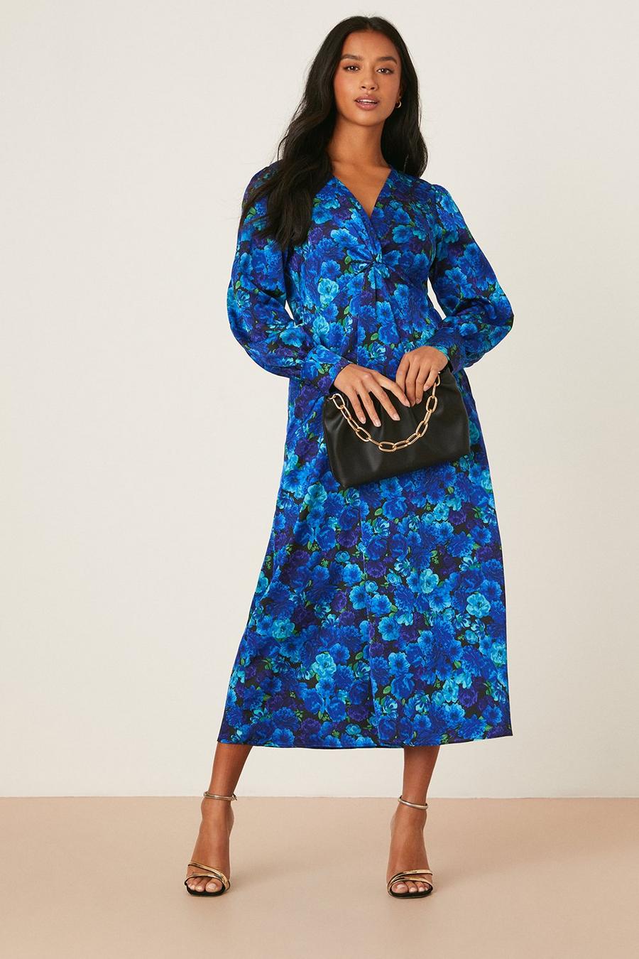 Petite Blue Floral Twist Front Midi Dress