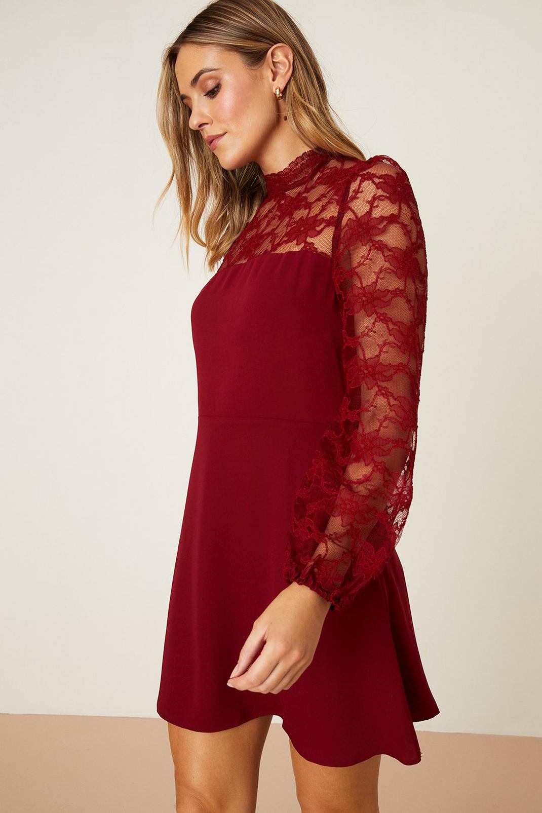 Berry Petite High Neck Lace Sleeve Mini Dress image number 1