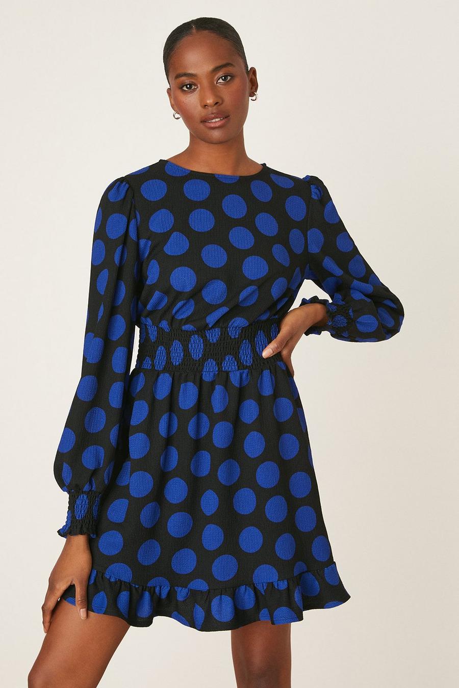 Tall Blue Spot Shirred Textured Mini Dress
