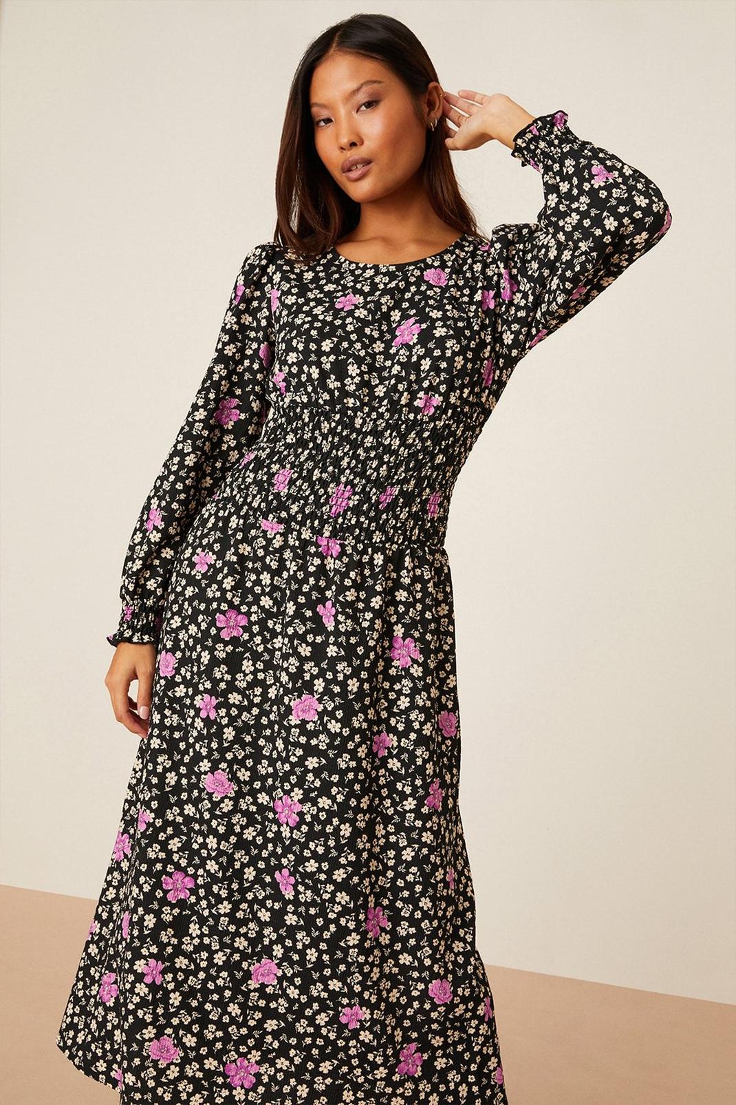 Black Petite Ditsy Floral Shirred Waist Textured Midi Dress image number 1