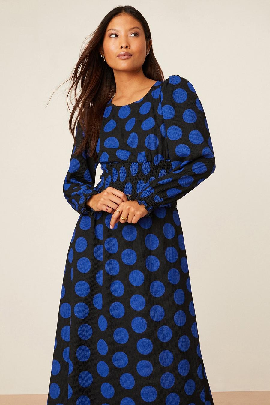 Petite Blue Spot Shirred Waist Textured Midi Dress