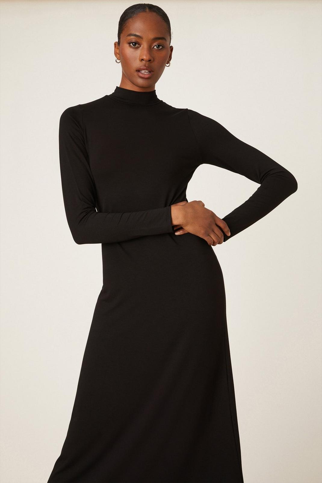 Tall Black Long Sleeve Roll Neck Midi Dress image number 1